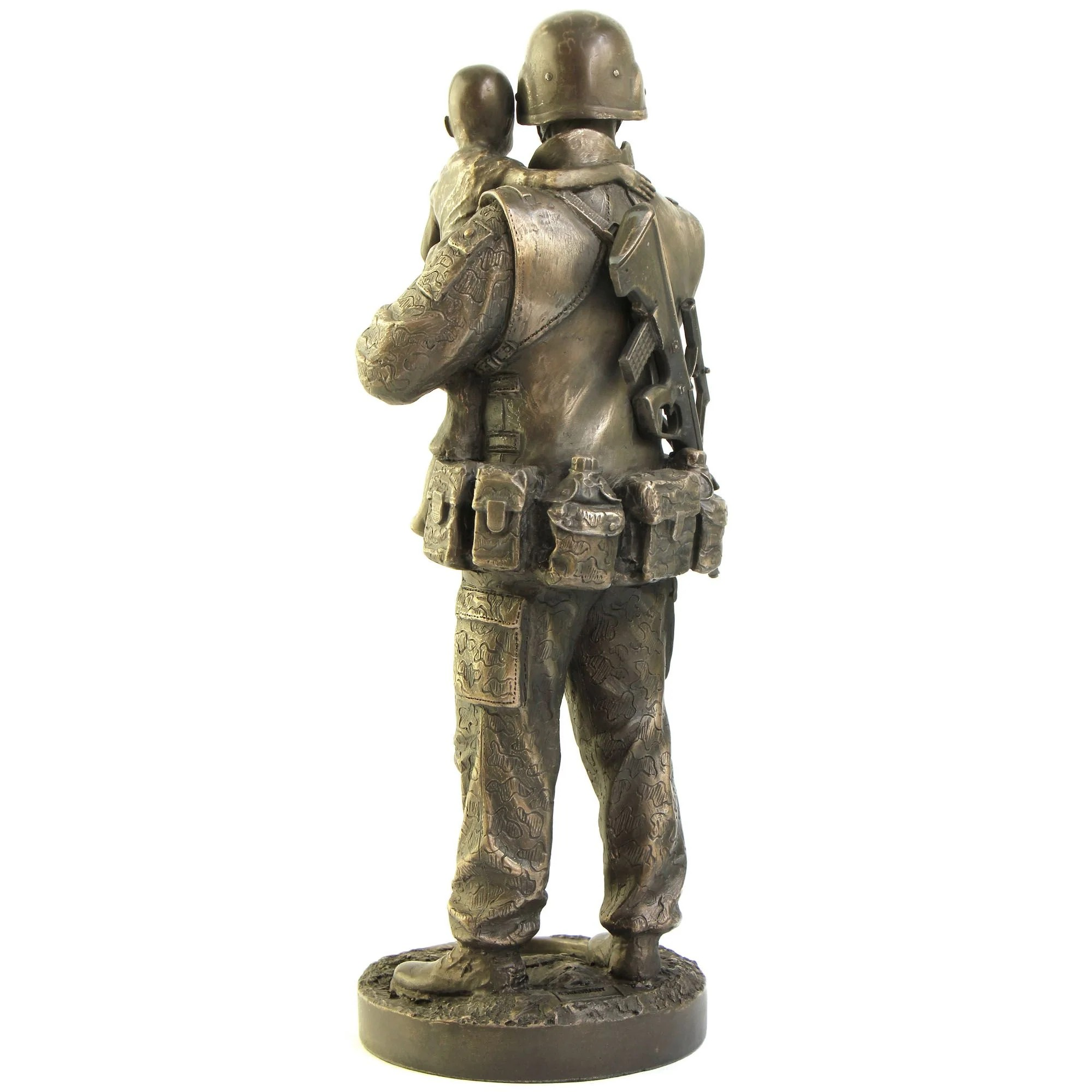 Bronze statue of a soldier with a child on his shoulders against a white background