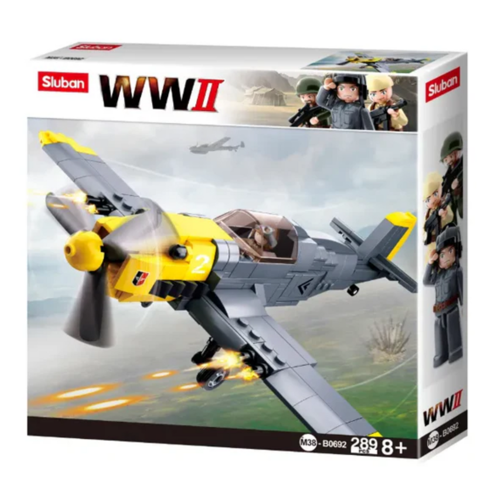 Sluban WW II airplane toy set packaging with model and soldiers on a white background