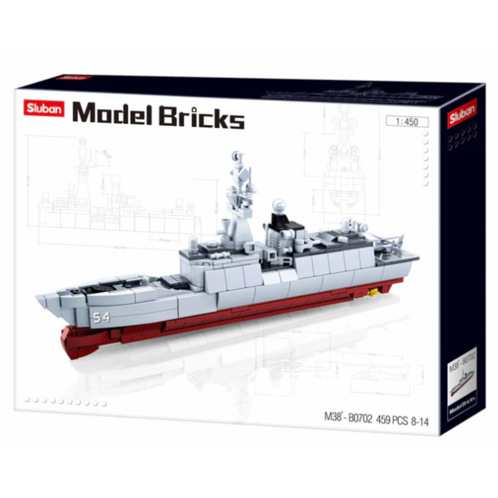 Model bricks packaging of a ship on a white background