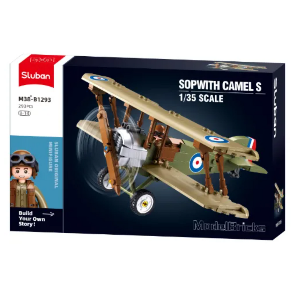 Sluban model airplane kit packaging with Sopwith Camel S biplane and pilot figure on a white background