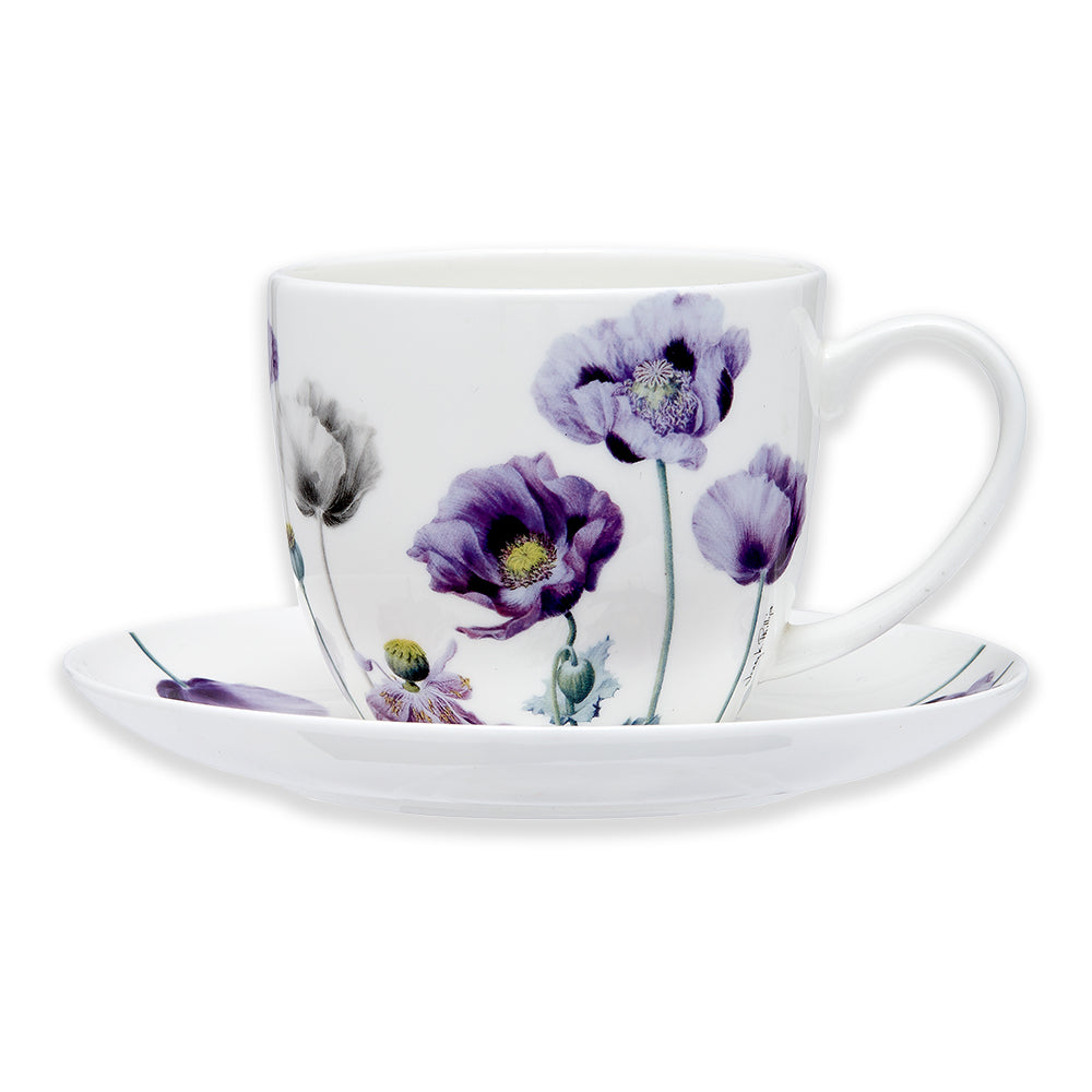 Tea cup and saucer: purple poppies