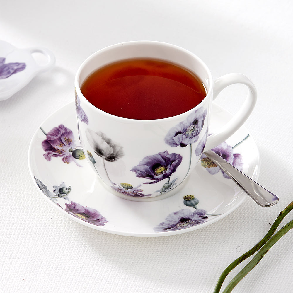 Tea cup and saucer: purple poppies