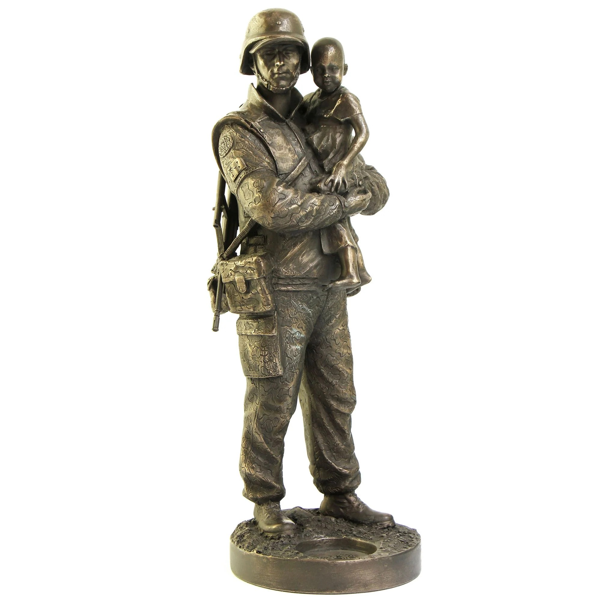 Bronze statue of a soldier holding a child on a white background