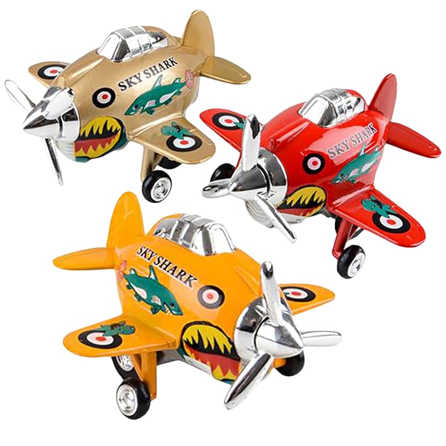 Three toy airplanes with 'Sky Shark' branding on a white background