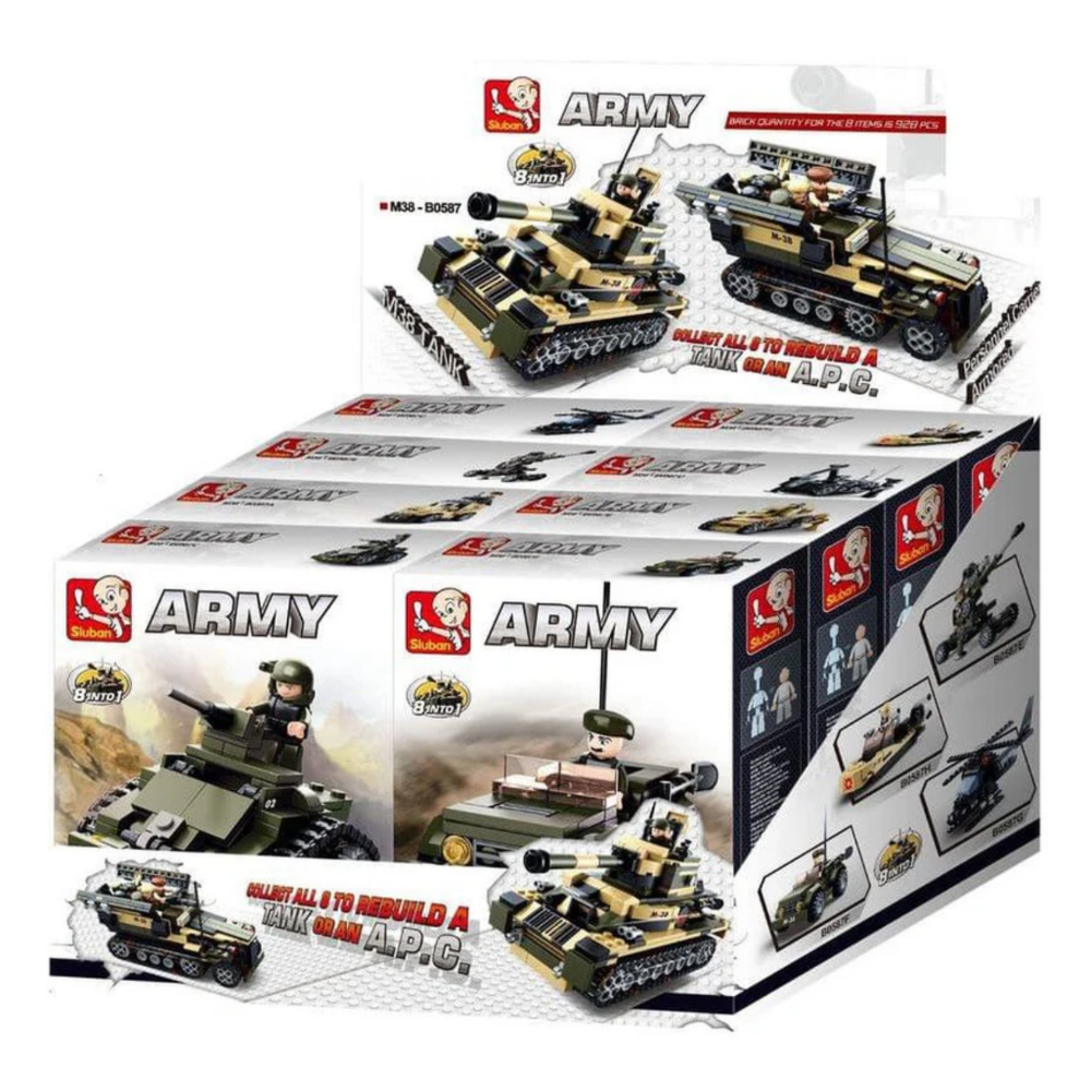 Box of toy army vehicle set with model images on a white background