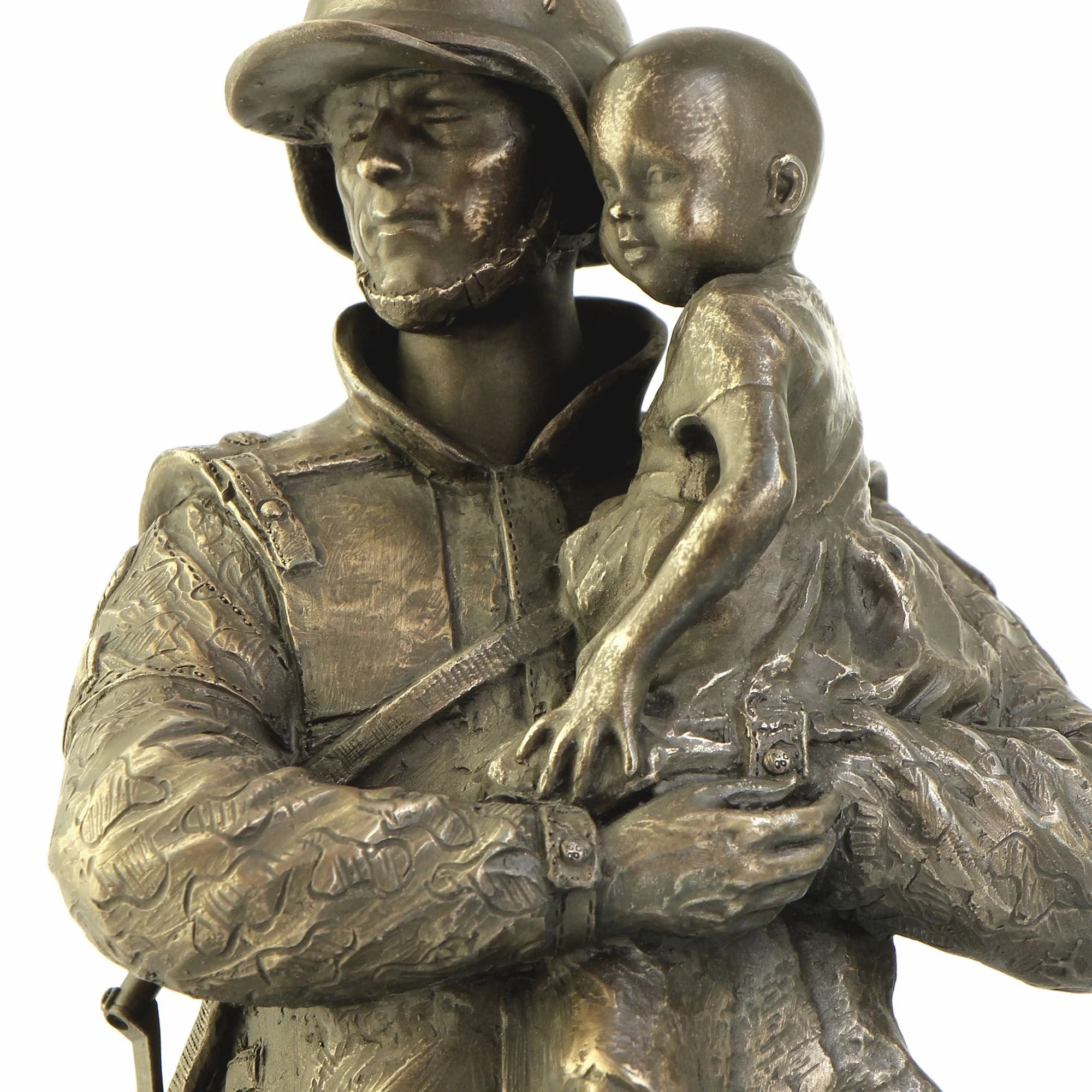 Bronze statue of a soldier holding a child on a white background