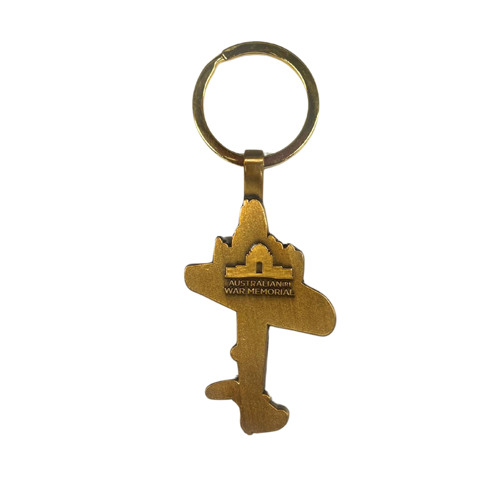 Gold keychain with Australian War Memorial design on a white background