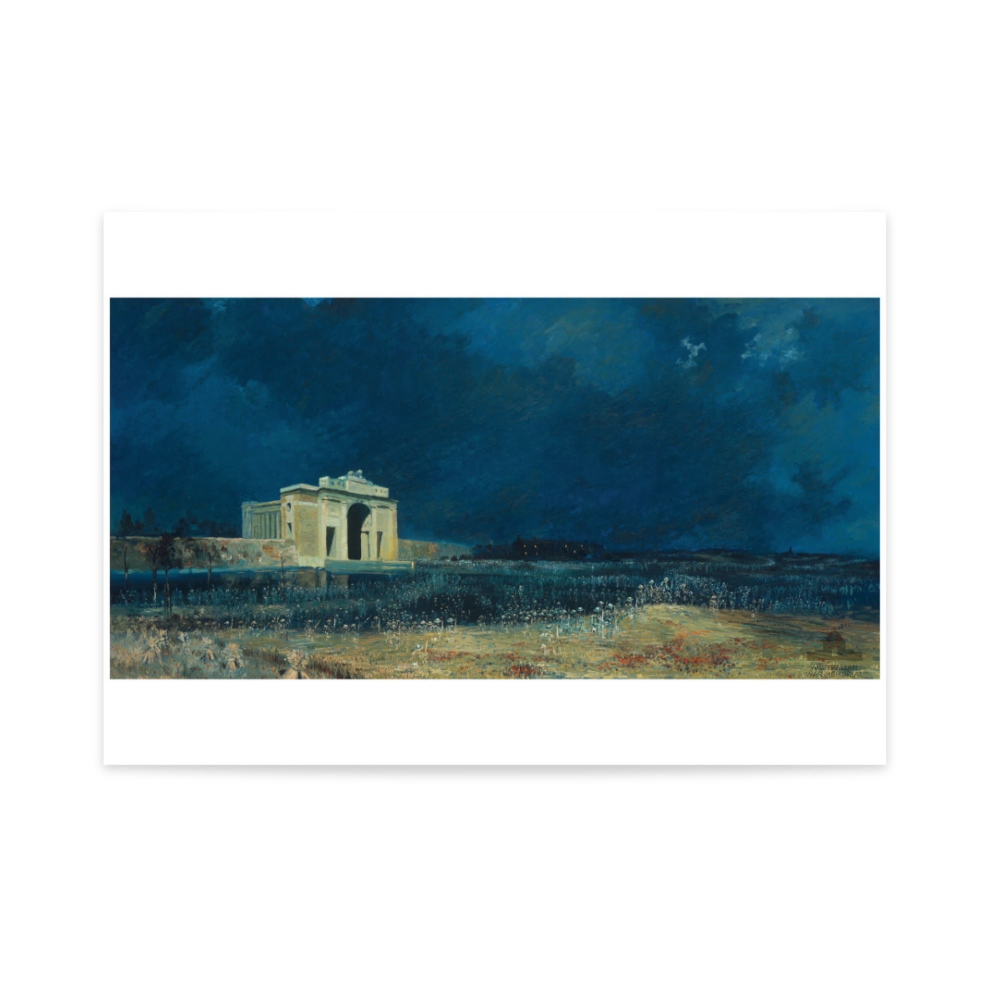 Poster mock-up of "Menin Gate at Midnight" by Will Longstaff. 1927. Oil on canvas. 137x 270 cm. Australian War Memorial, Canberra. From the collection of the Australian War Memorial - ART09807.