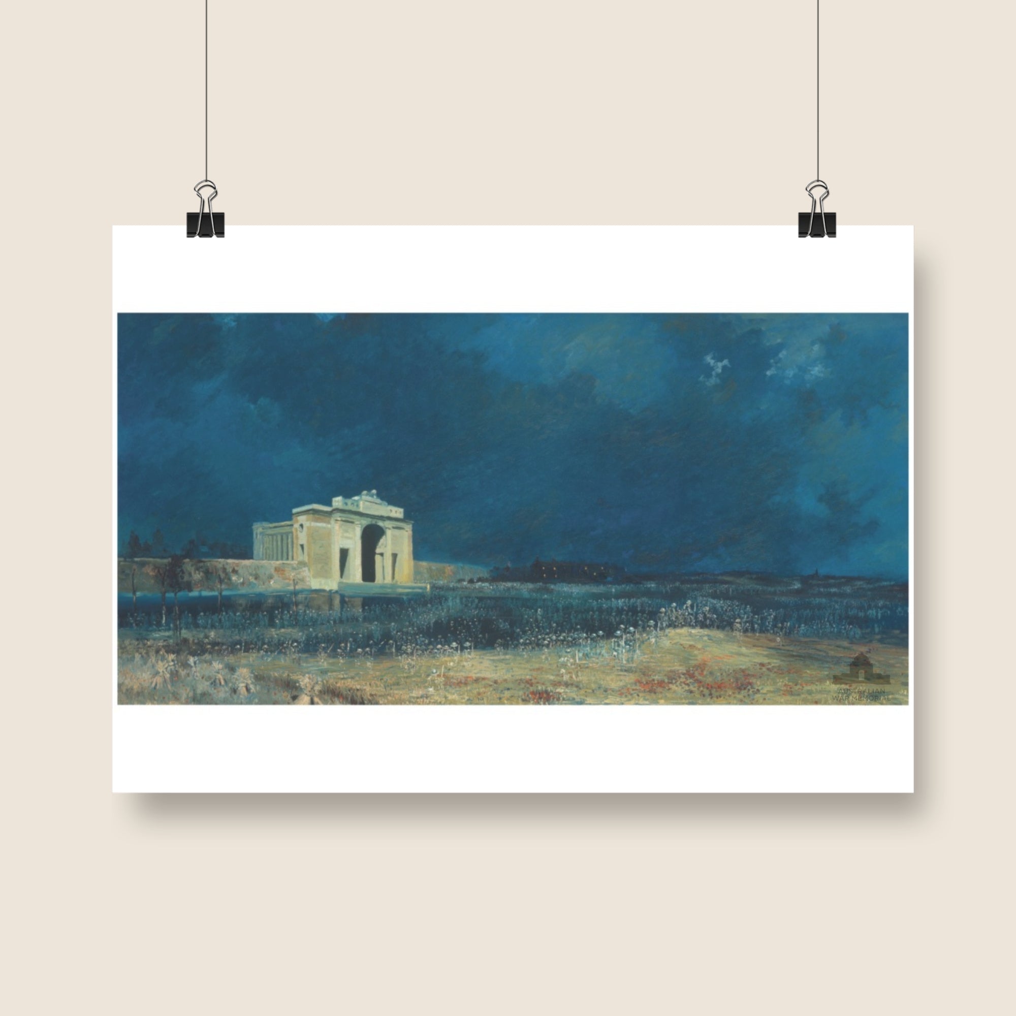 Poster mock-up of "Menin Gate at Midnight" by Will Longstaff. 1927. Oil on canvas. 137x 270 cm. Australian War Memorial, Canberra. From the collection of the Australian War Memorial - ART09807.