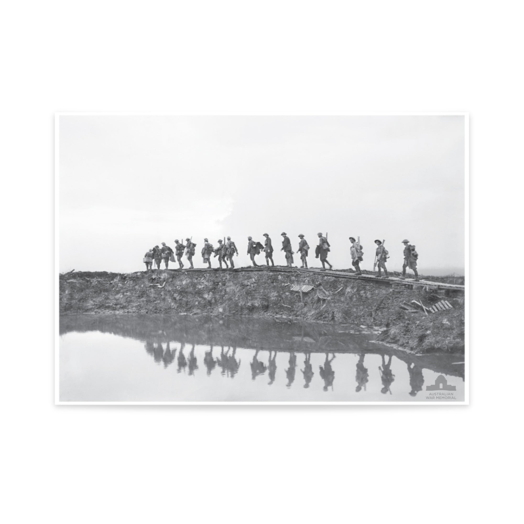Poster mock-up of Frank Hurley's photograph - Supporting troops of the 1st Australian Division walking on a duckboard track near Hooge, in the Ypres Sector. 1917. From the collection of the Australian War Memorial - E00833.