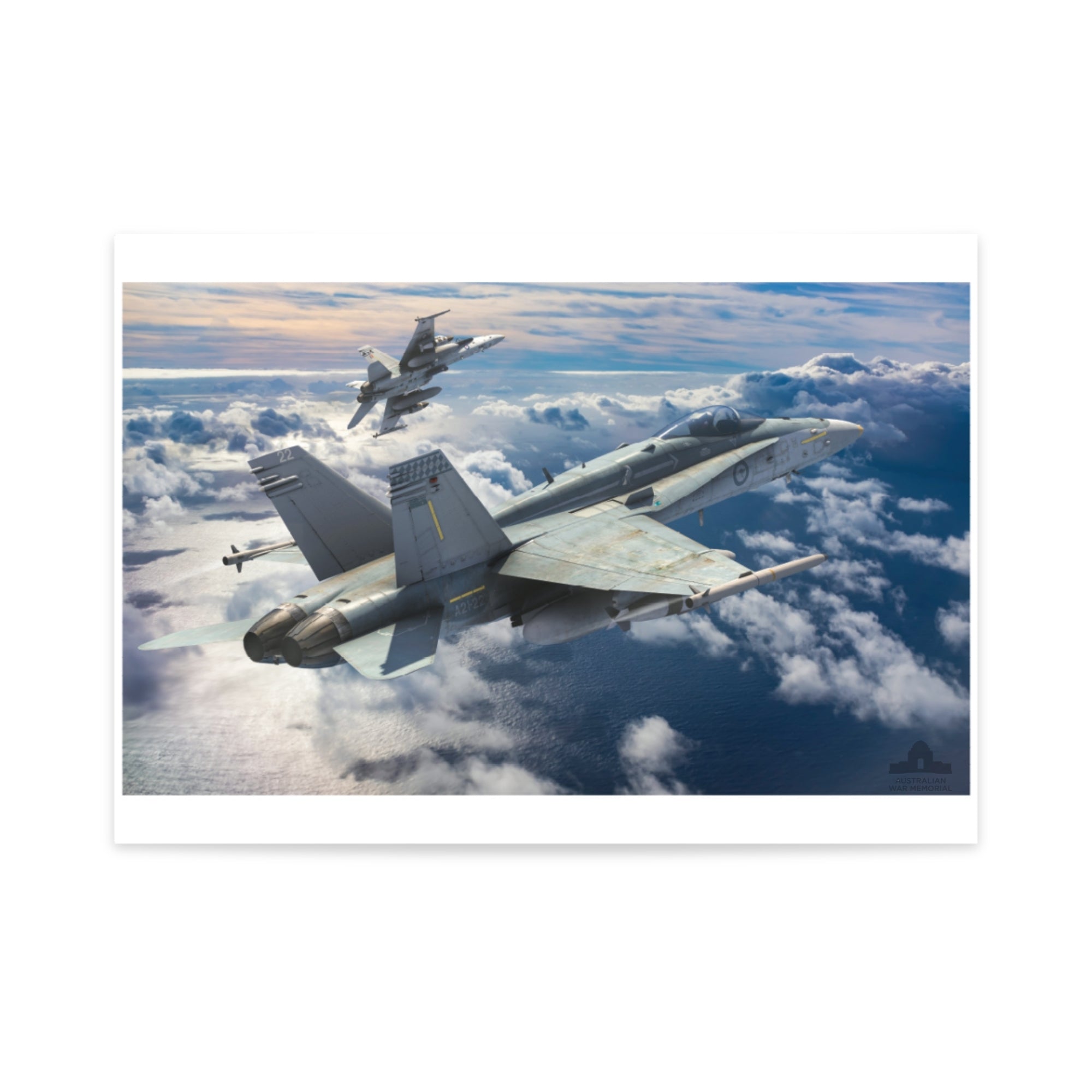 Poster mock-up of "McDonnell Douglas F/A-18A Hornet, A21-022" by Antonis Karidis. 2024. Digital artwork. © AWM.