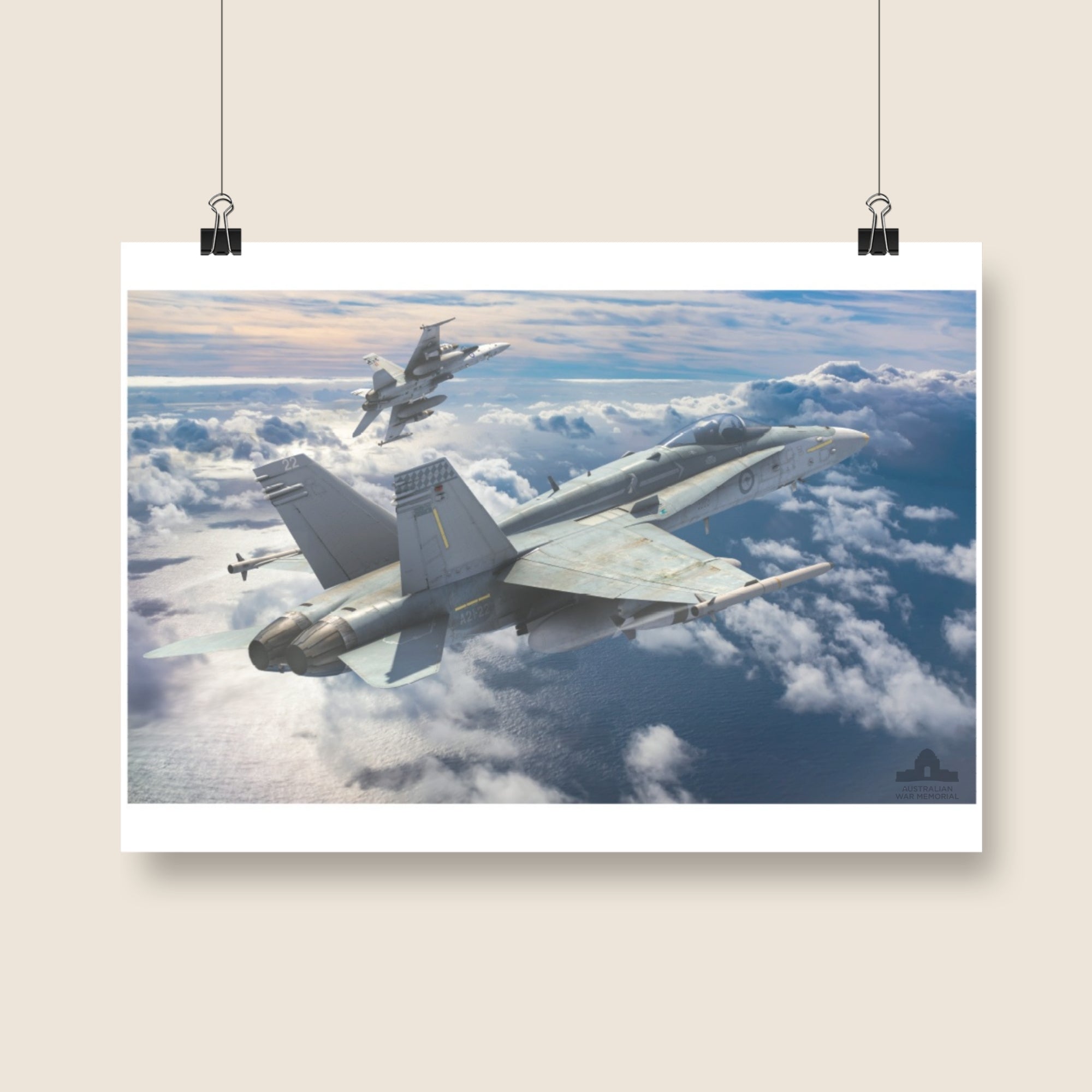Poster mock-up of "McDonnell Douglas F/A-18A Hornet, A21-022" by Antonis Karidis. 2024. Digital artwork. © AWM.