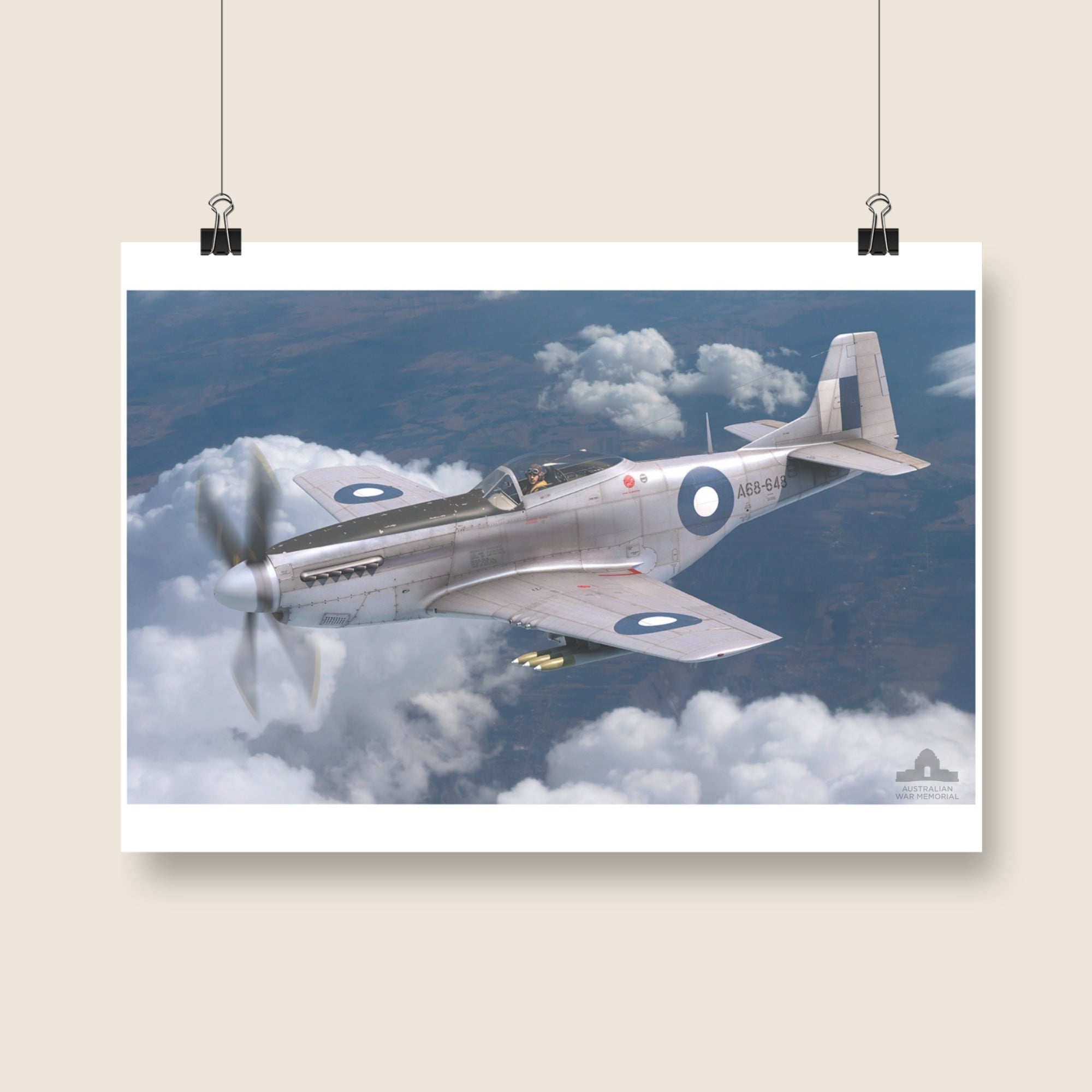 Poster mock-up of "North American P-51D Mustang" by Antonis Karidis. 2024. Digital artwork. © AWM.