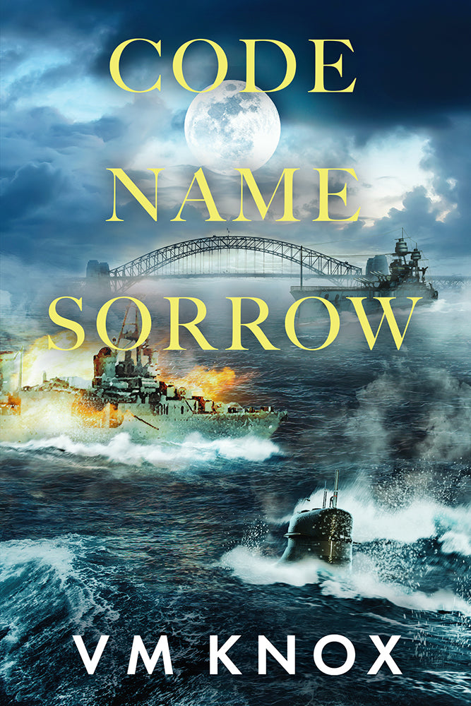Book cover of 'Code Name Sorrow' by VM Knox with a naval battle scene.
