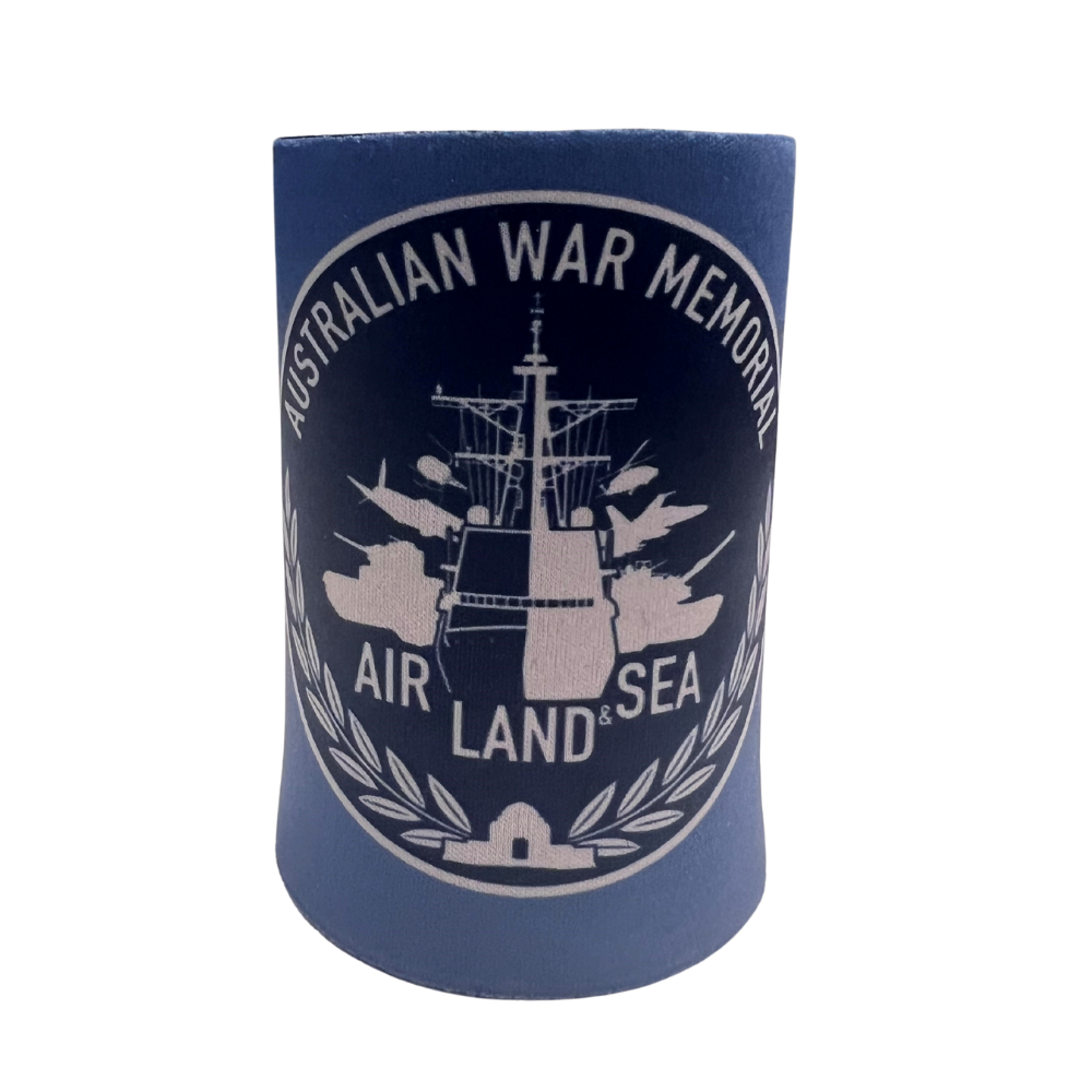 Blue can cooler with Australian War Memorial design on a white background
