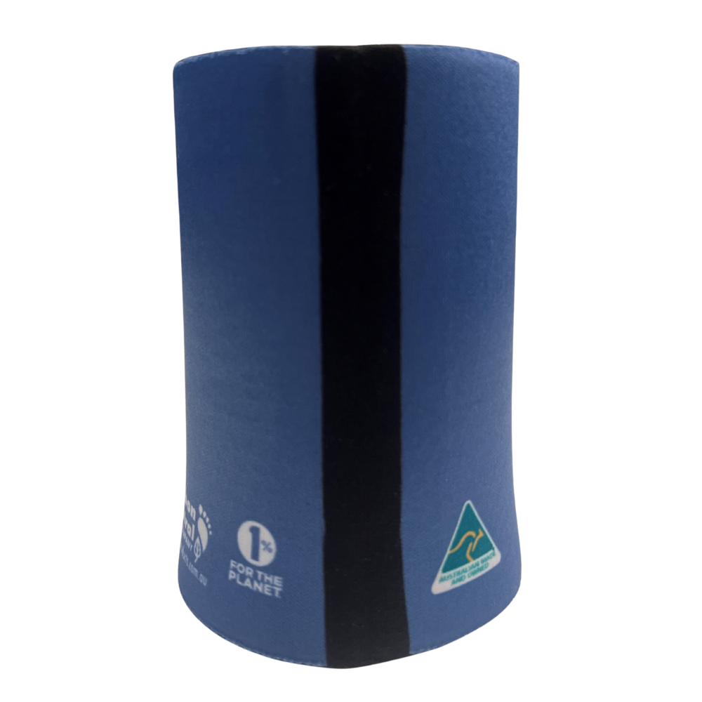 Back of blue can cooler with environmental logos on a white background