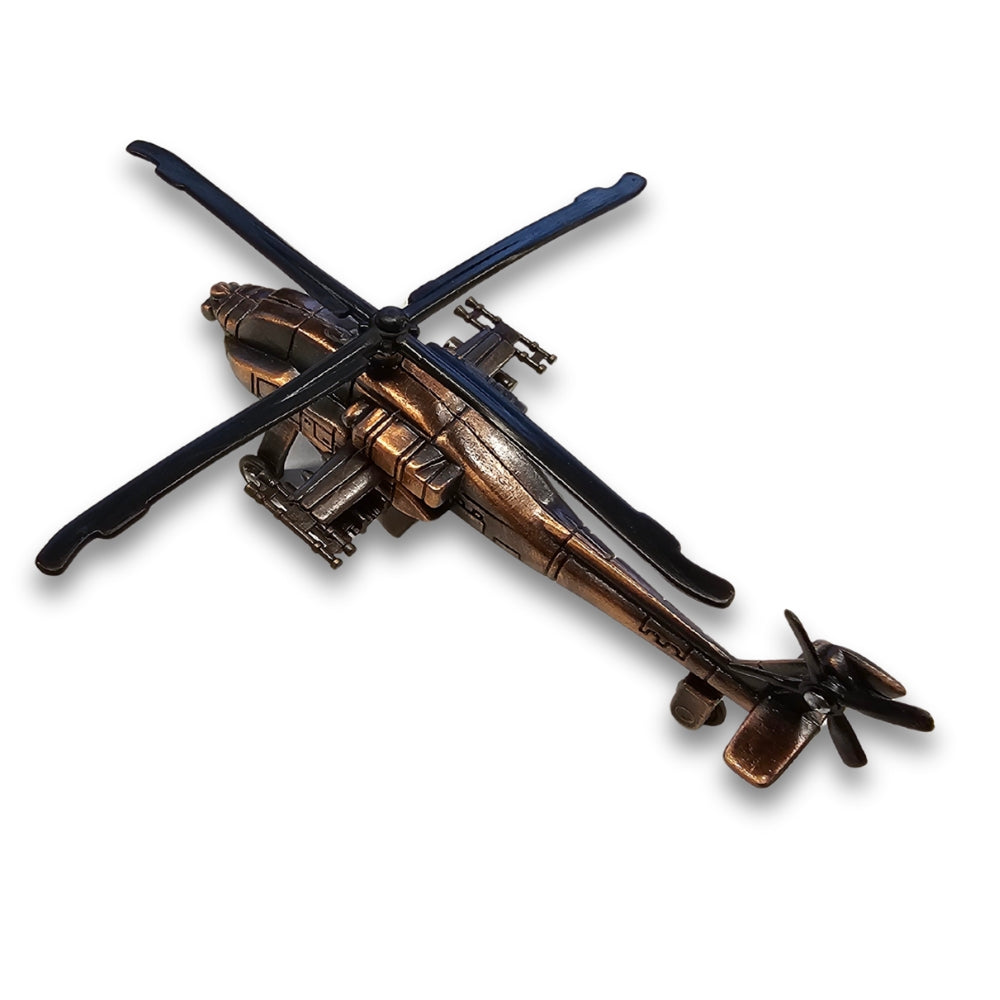 Model helicopter with a metallic finish on a white background