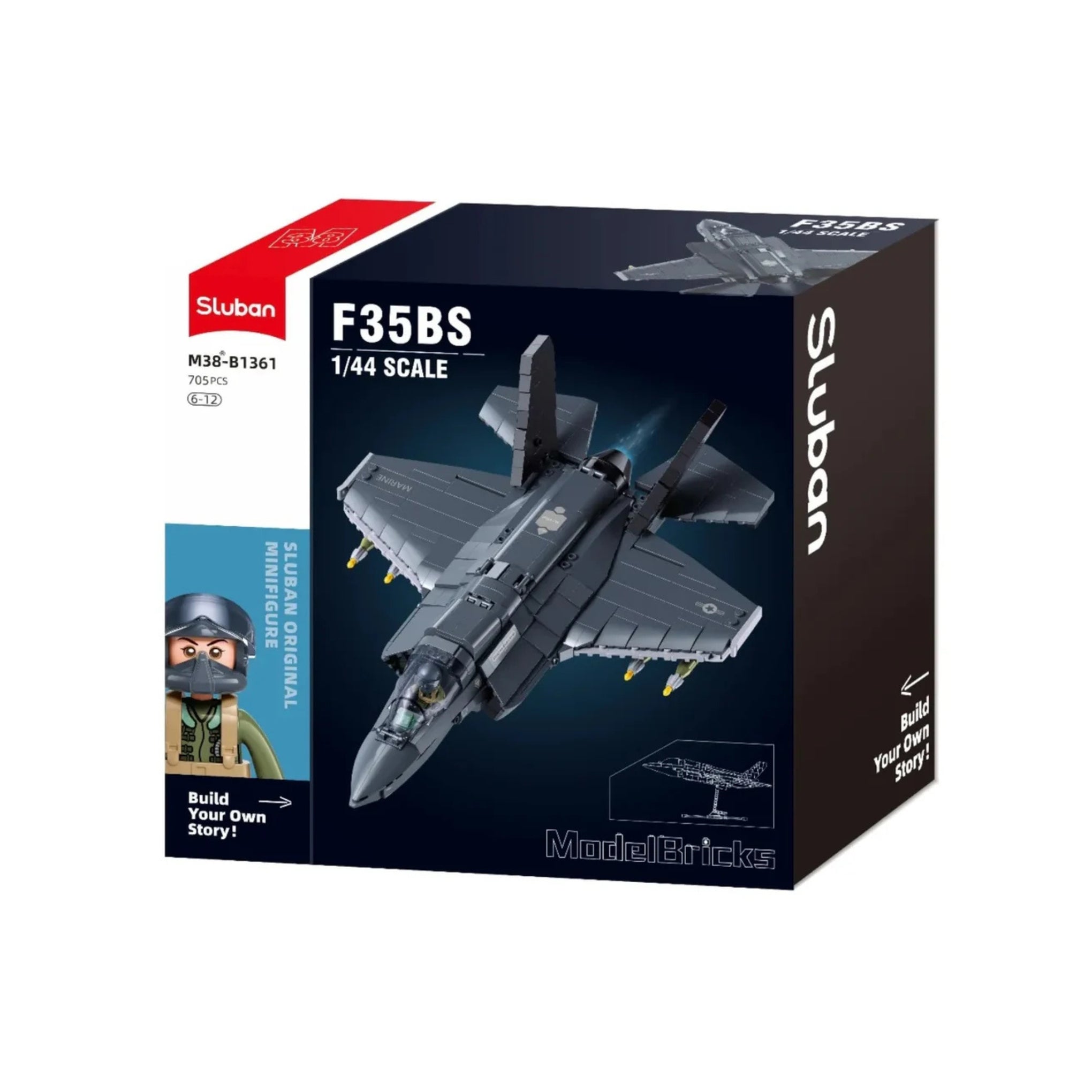 A box containing construction brick set by Sluban - an F-35BS Fighter Jet (M38-B1361).