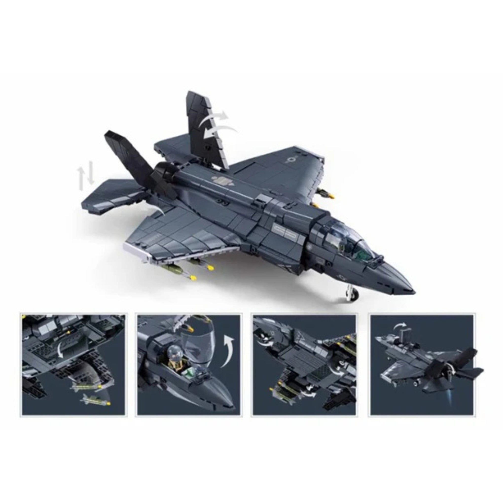 A montage of images showing detailed build options for construction brick set by Sluban - an F-35BS Fighter Jet (M38-B1361).