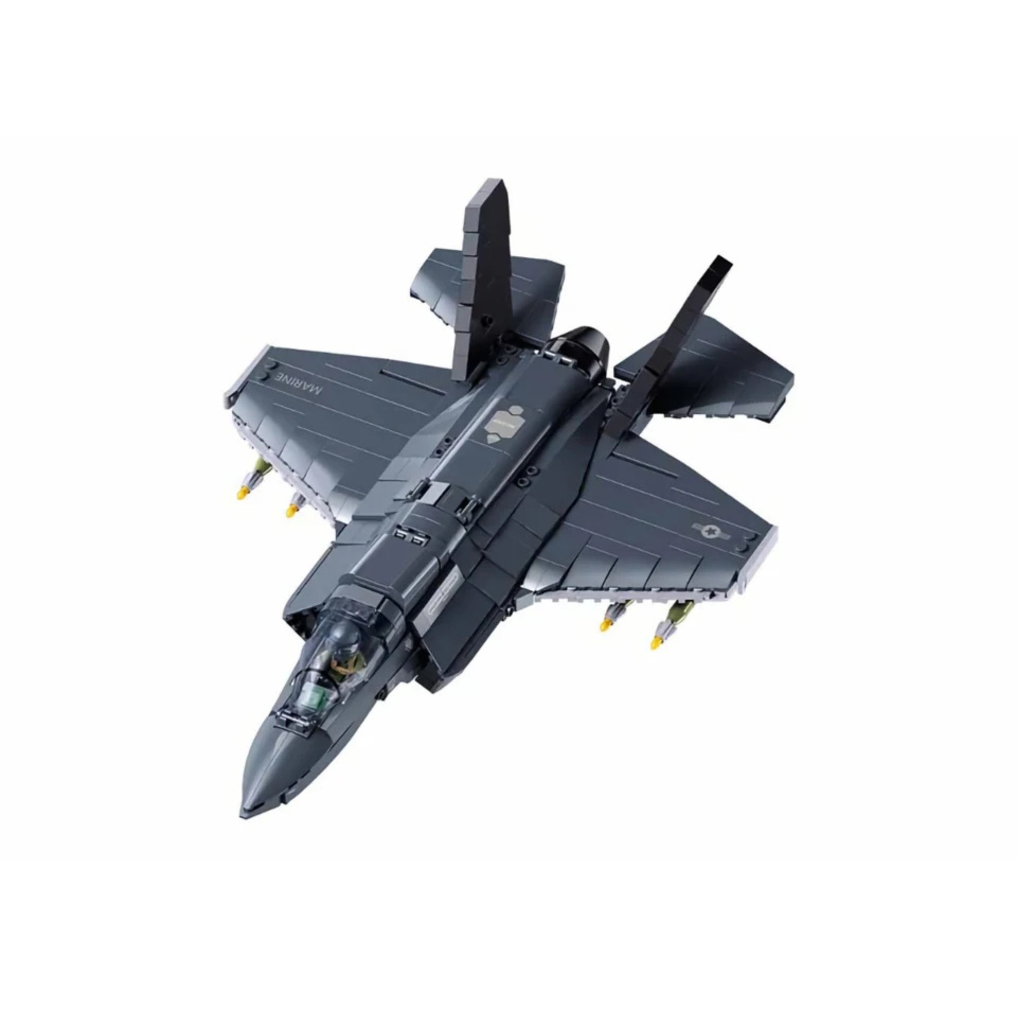 A fully assembled (complete with figurines and accessories) showing construction brick set by Sluban - an F-35BS Fighter Jet (M38-B1361).
