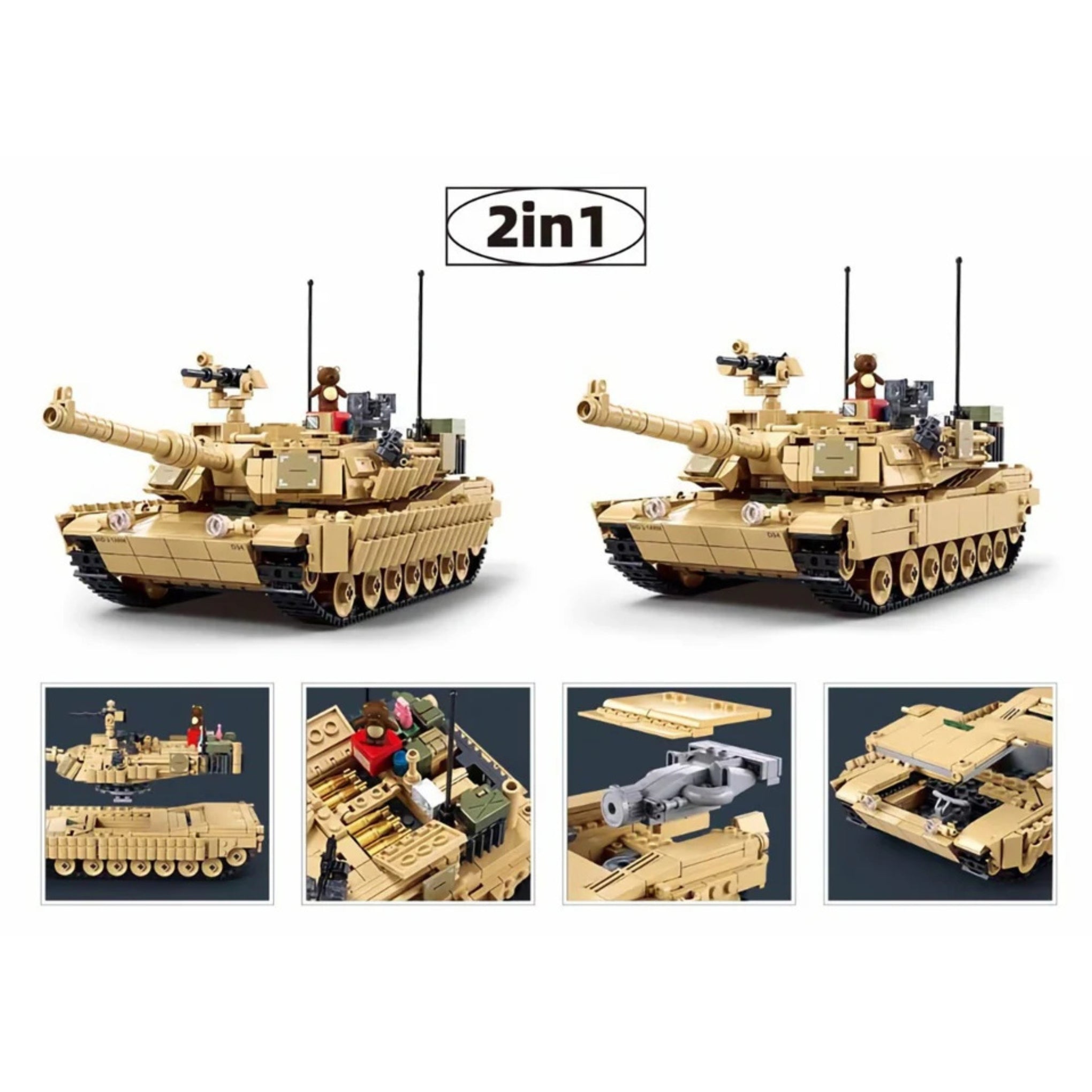 A montage of images showing detailed build options for construction brick set by Sluban - an M1A2 Abrams Tank, TUSK II set (M38-B1365).