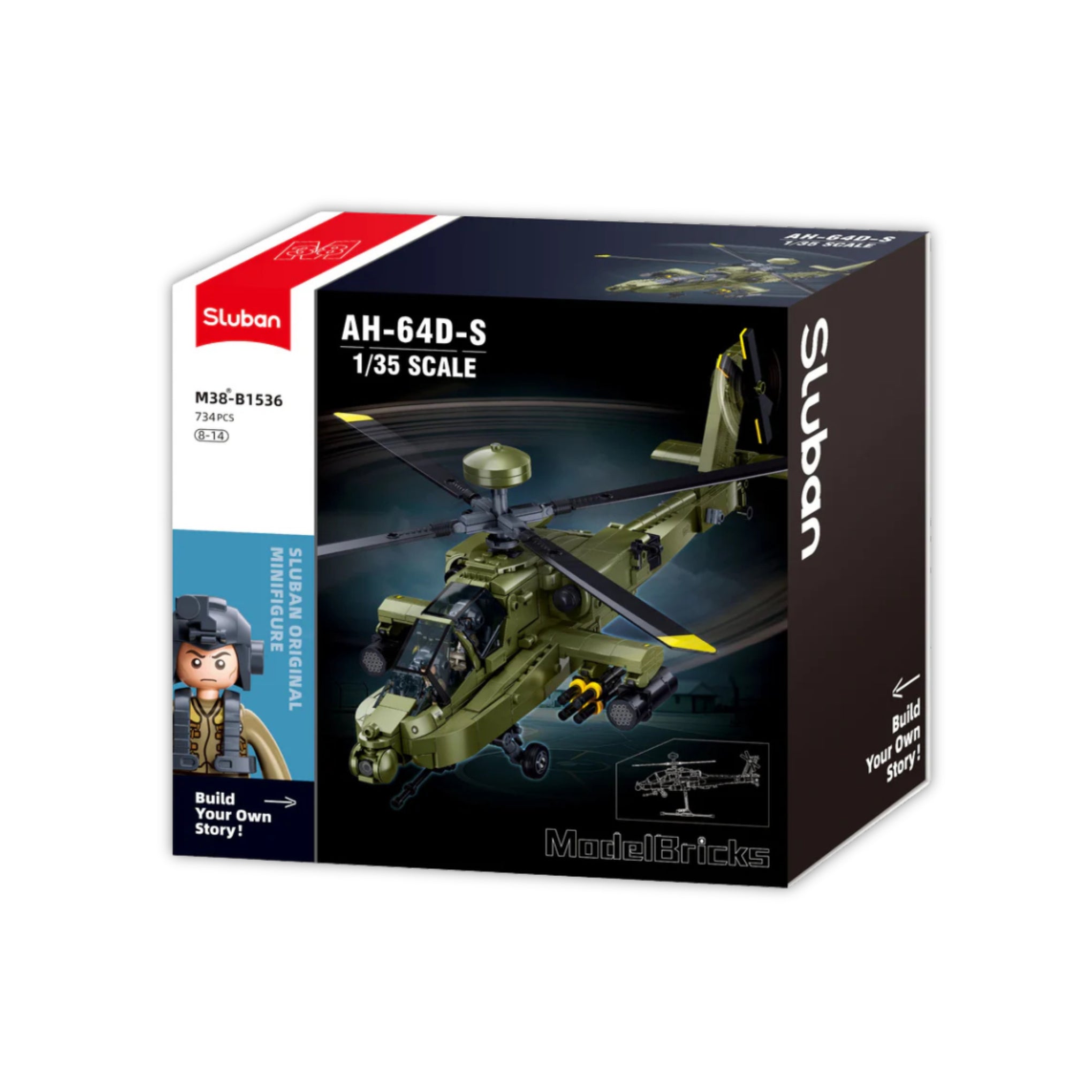 A box containing construction brick set by Sluban - an AH-64D-S Apache Helicopter (M38-B1536).