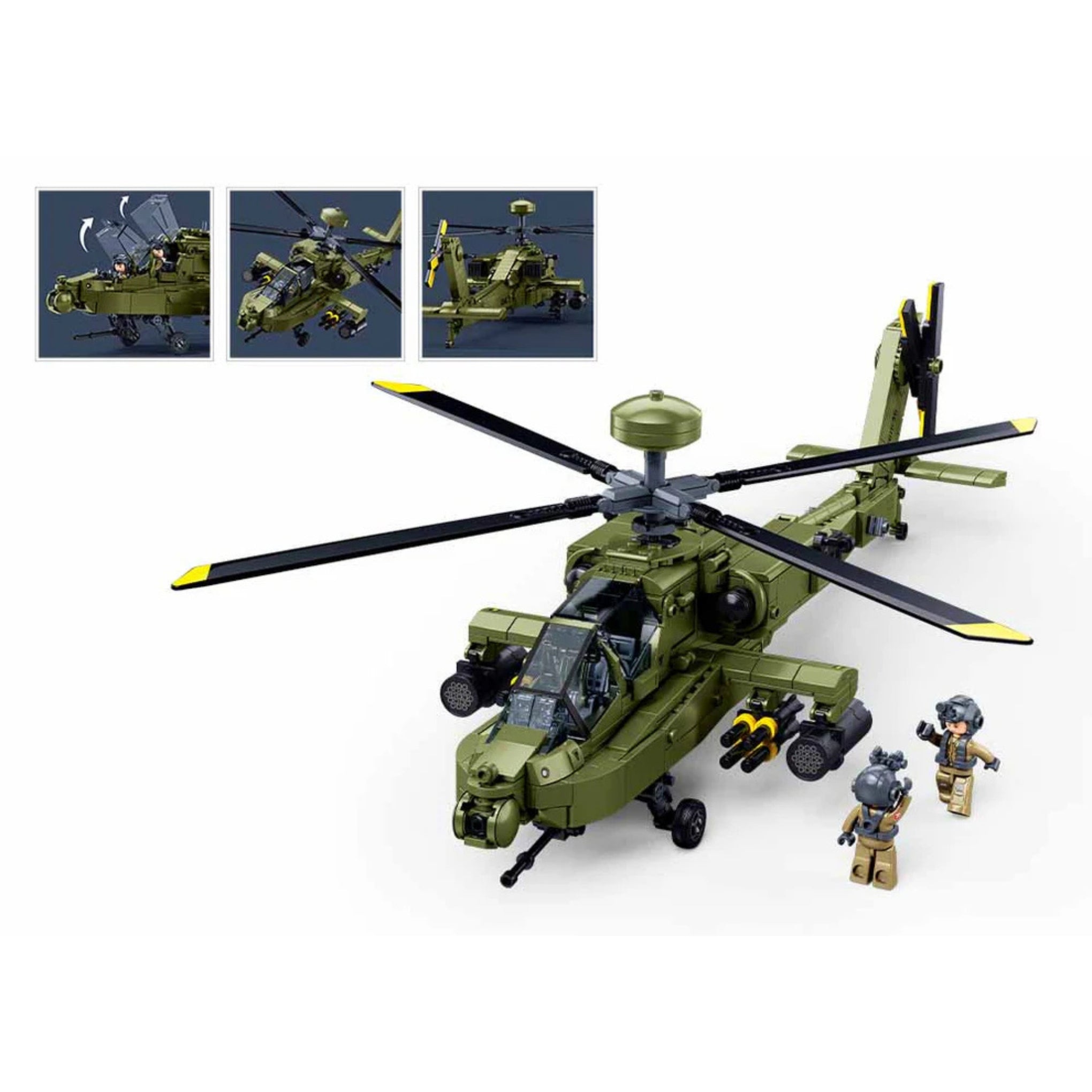 A montage of images showing detailed build options for construction brick set by Sluban - an AH-64D-S Apache Helicopter (M38-B1536).