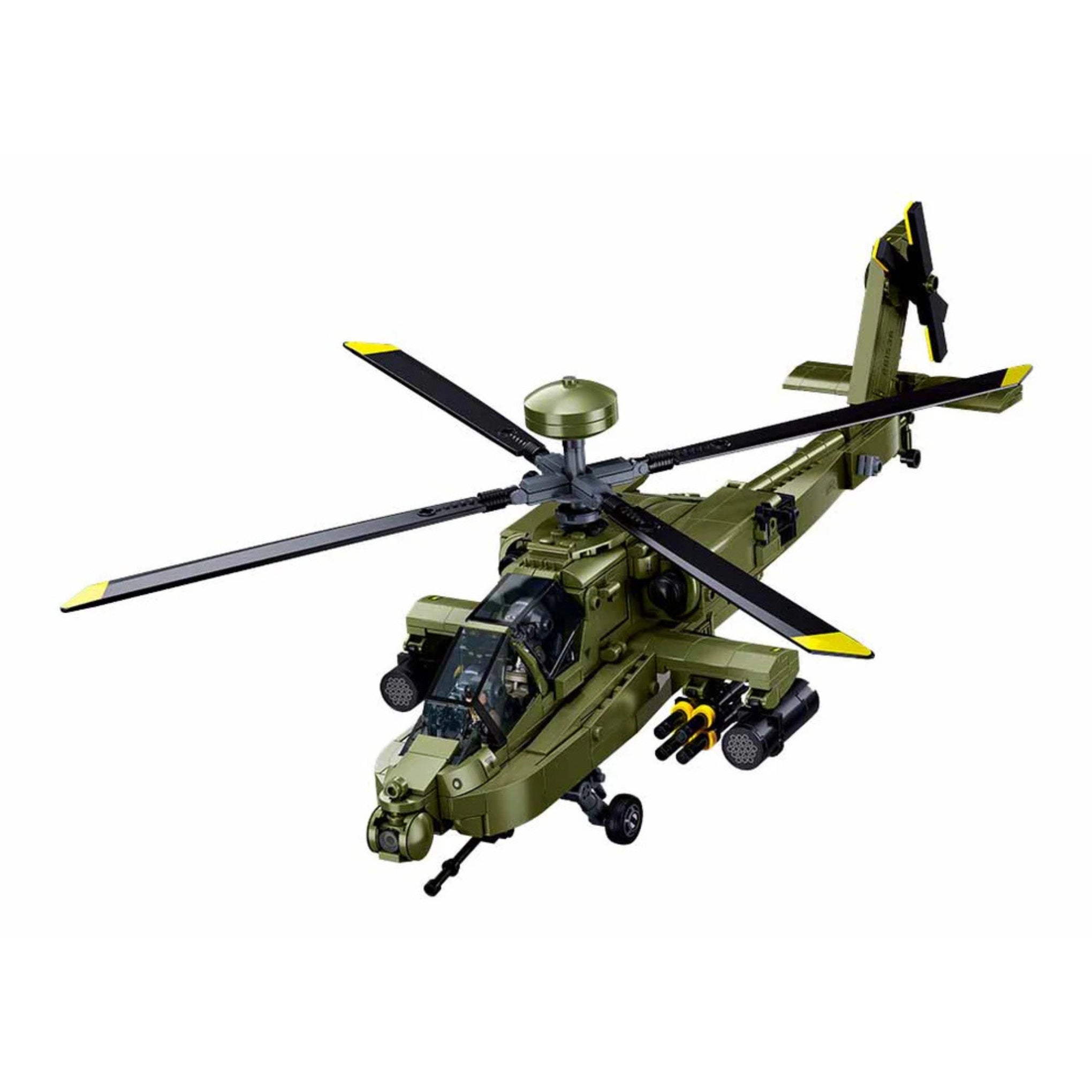 A fully assembled (complete with figurines and accessories) showing construction brick set by Sluban - an AH-64D-S Apache Helicopter (M38-B1536).