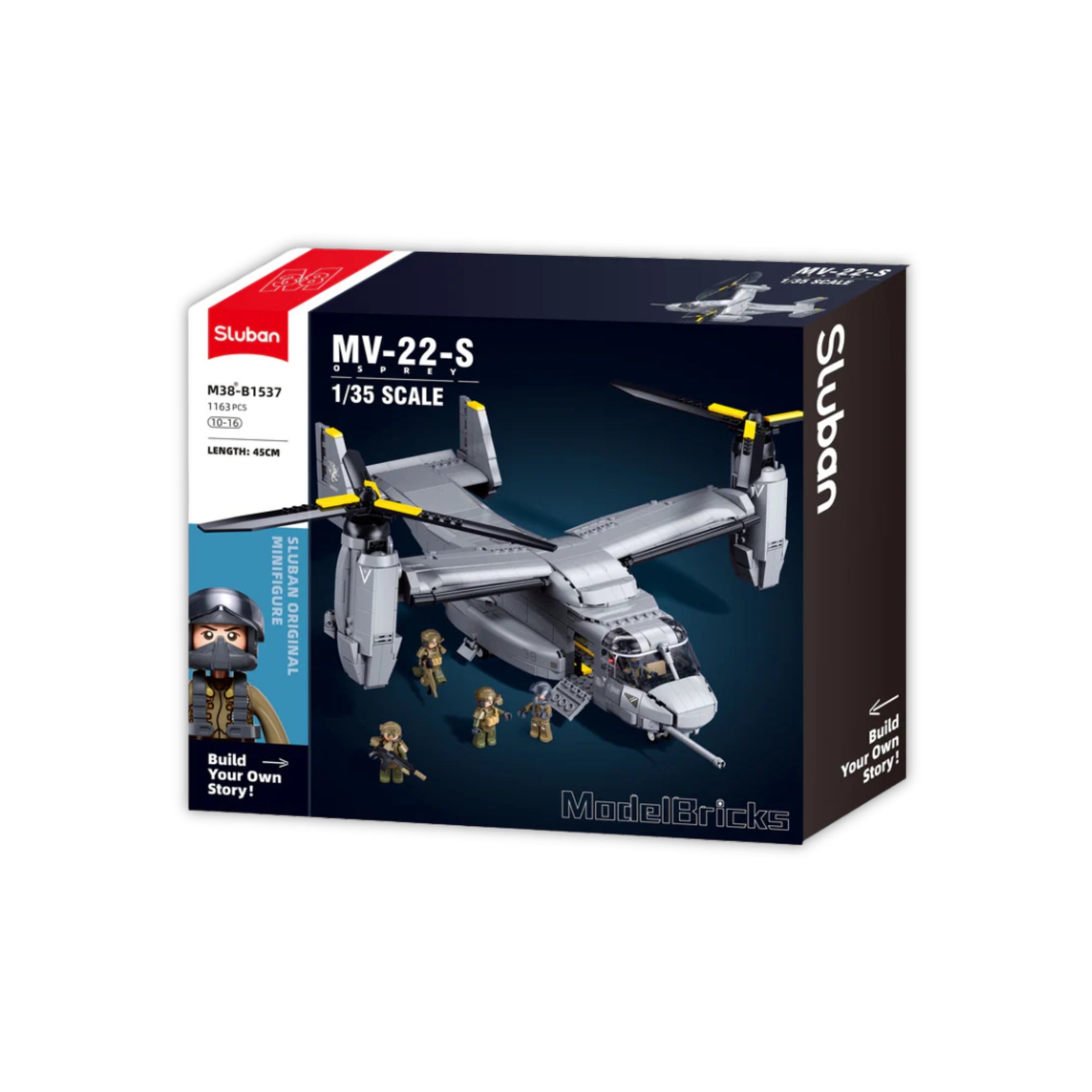 A box containing construction brick set by Sluban - an MV-22-S Osprey (M38-B1537).