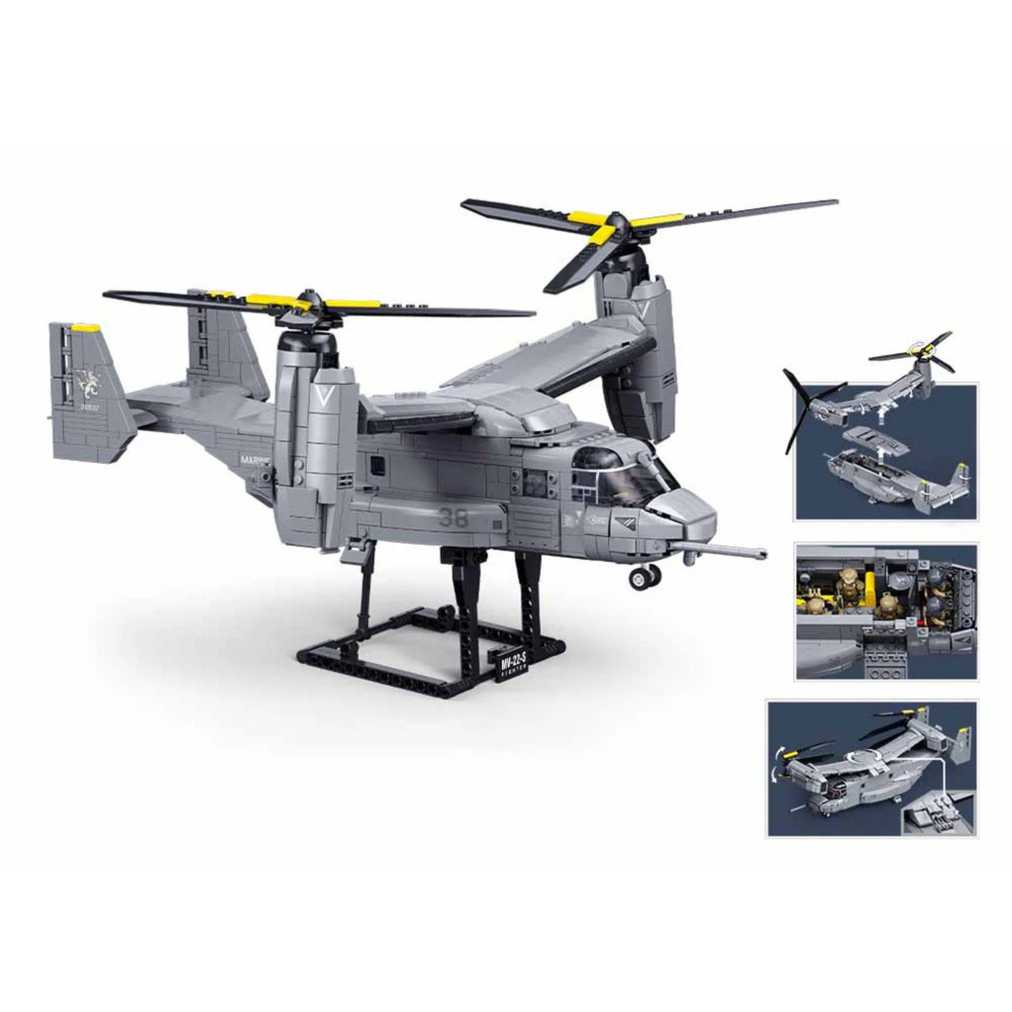 A montage of images showing detailed build options for construction brick set by Sluban - an MV-22-S Osprey (M38-B1537).