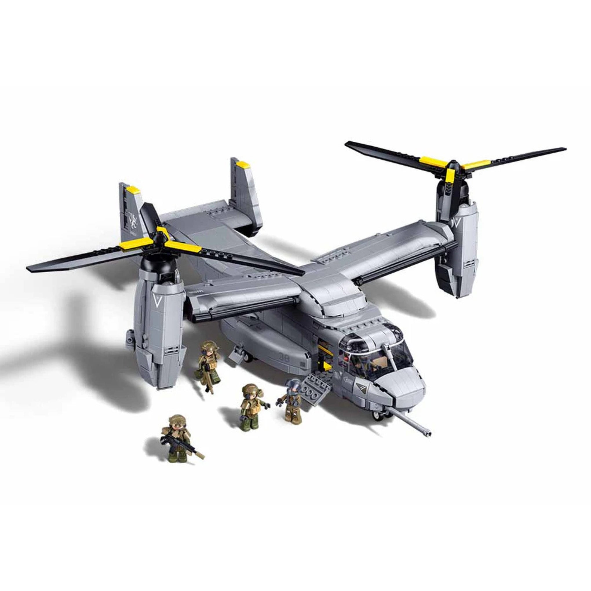 A fully assembled (complete with figurines and accessories) showing construction brick set by Sluban - an MV-22-S Osprey (M38-B1537).