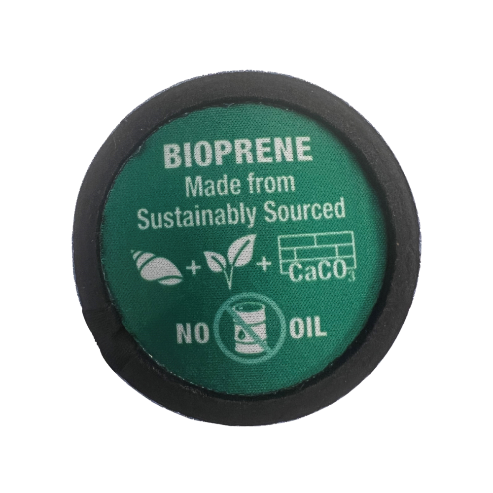 Bioprene label with sustainability information on a green background