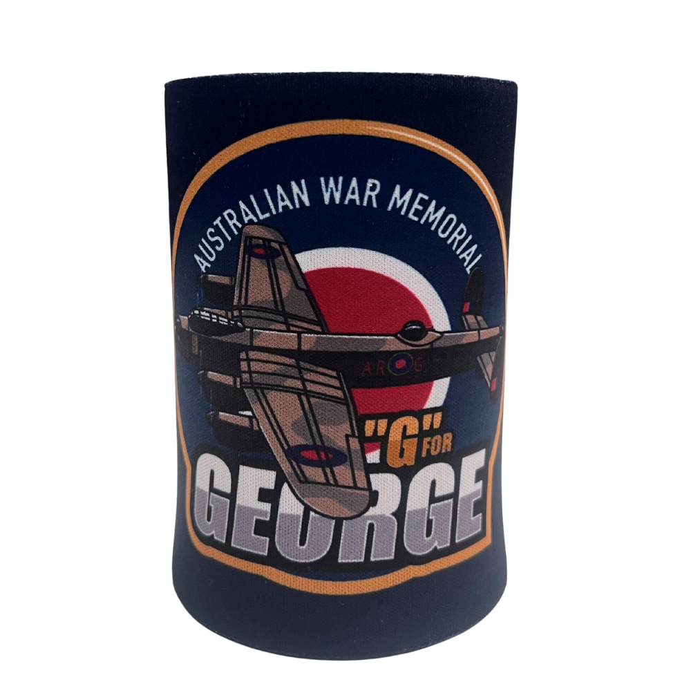 Can cooler with 'Australian War Memorial' and 'G for George' design on a white background