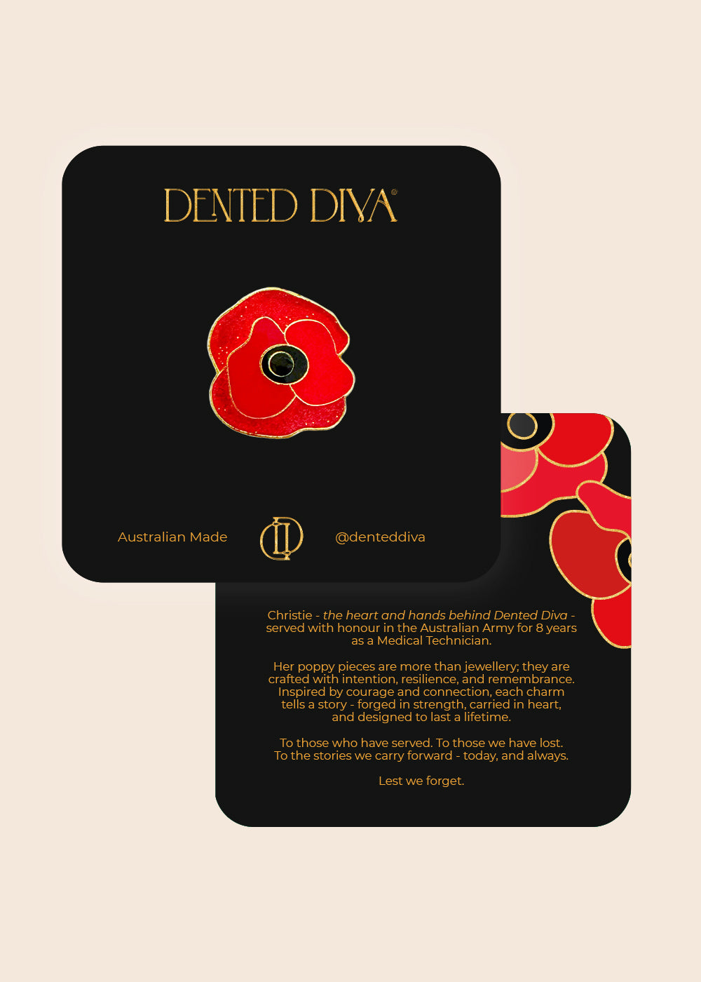 Red poppy charm on a black card with 'Dented Diva' branding