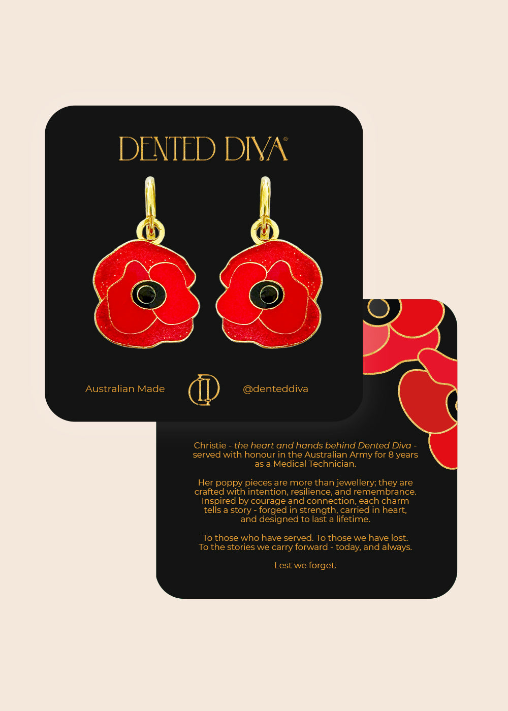 Red poppy earrings on a 'Dented Diva' branded card with text.