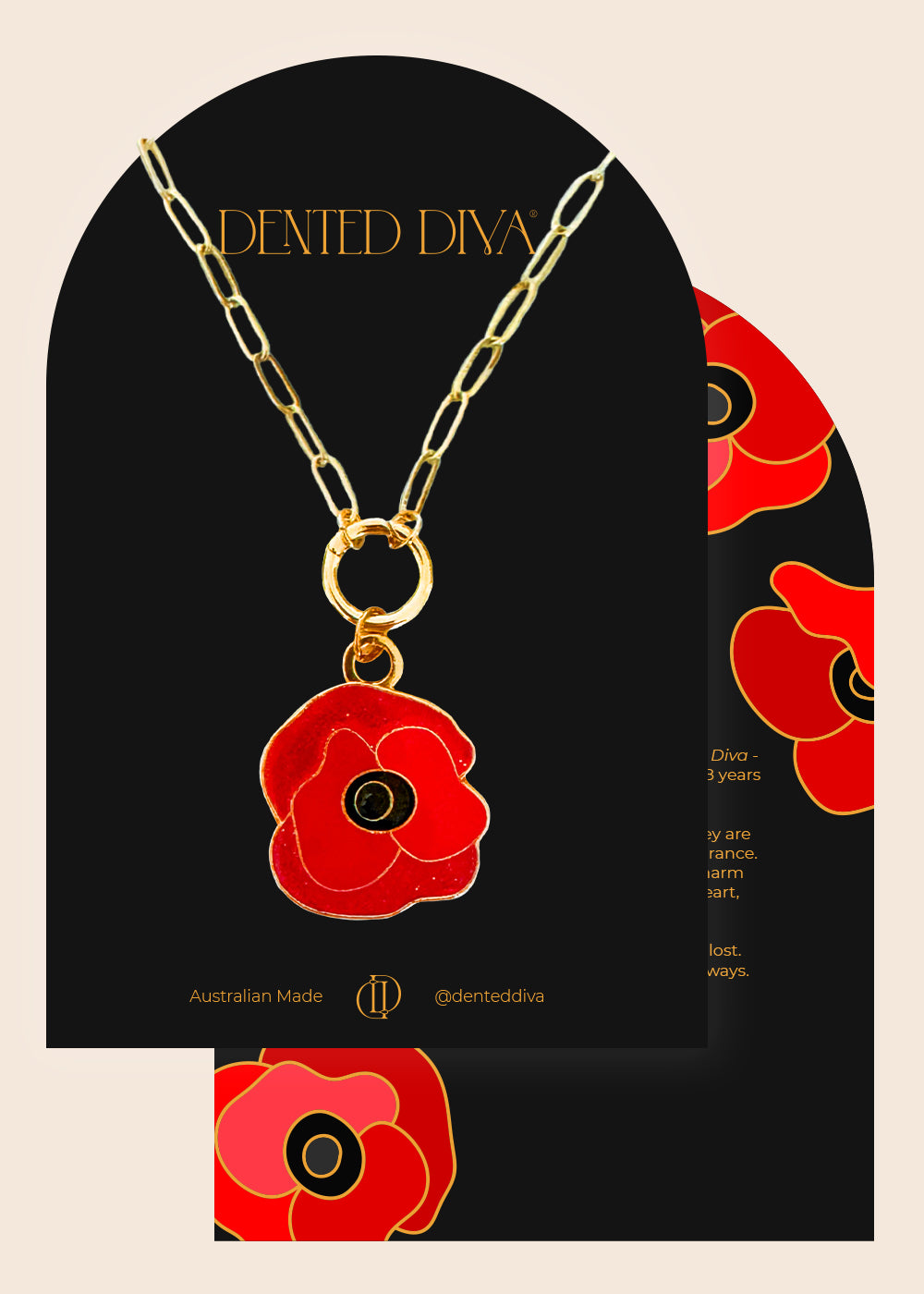Gold necklace with a red poppy pendant on a black card with 'Dented Diva' branding.