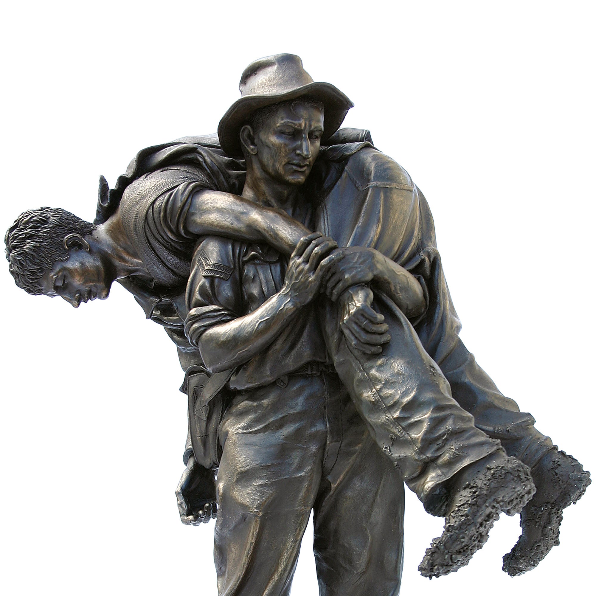 Bronze statue of a man carrying another on a white background