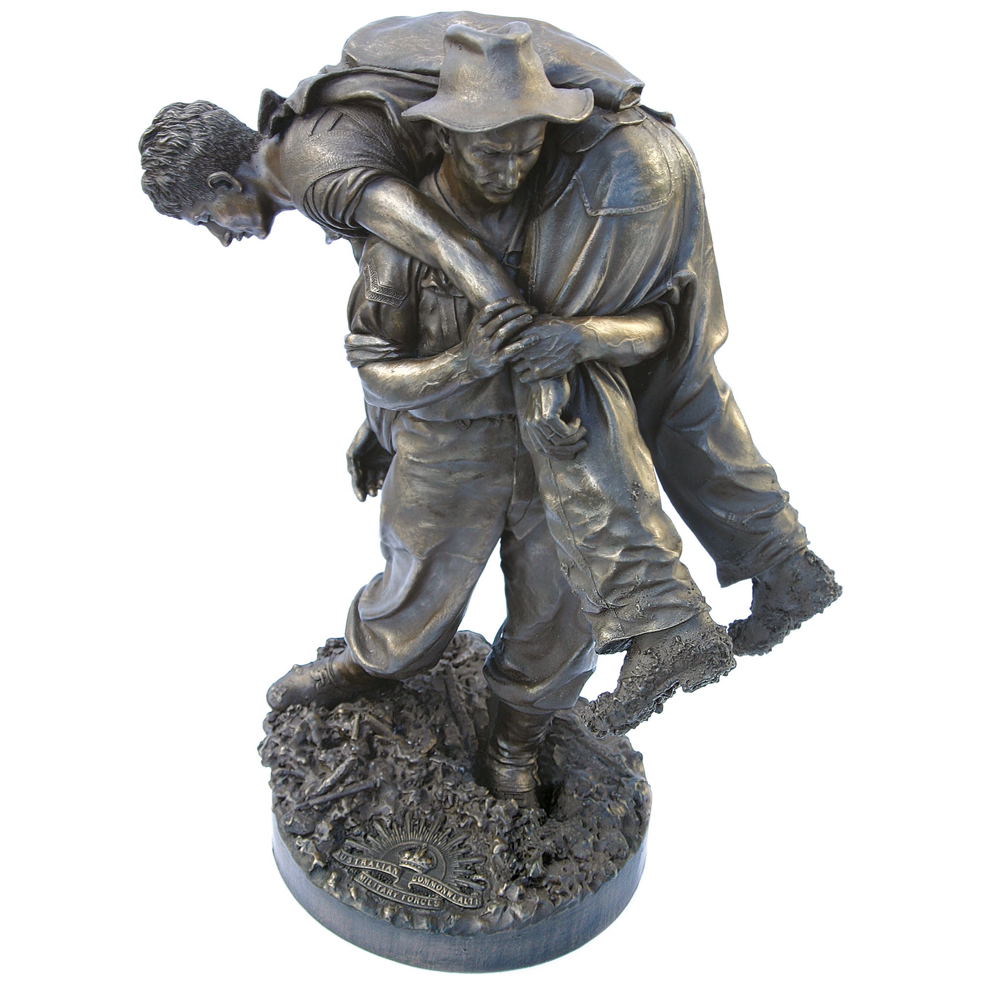 Bronze statue of a man carrying another person on his back against a white background