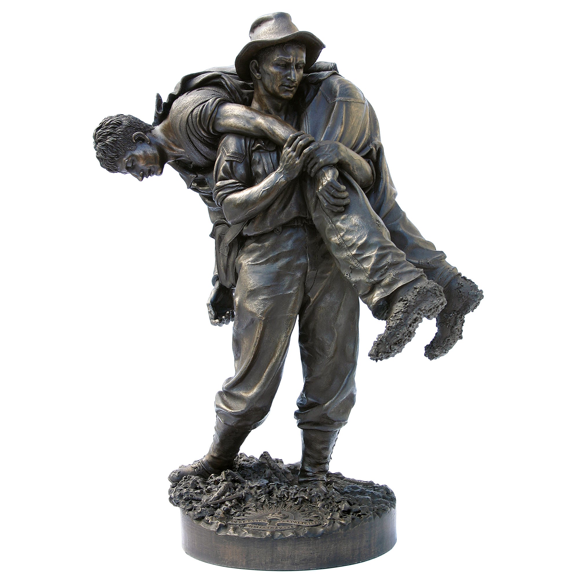Bronze statue of a man carrying another person on his back against a white background