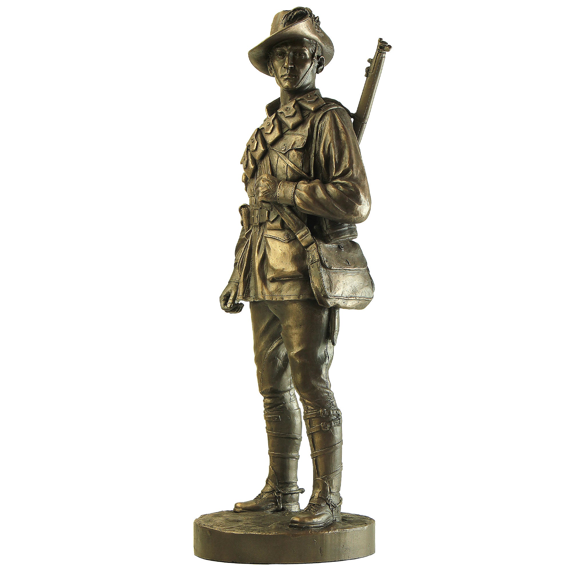 Bronze statue of a soldier holding a rifle on a white background