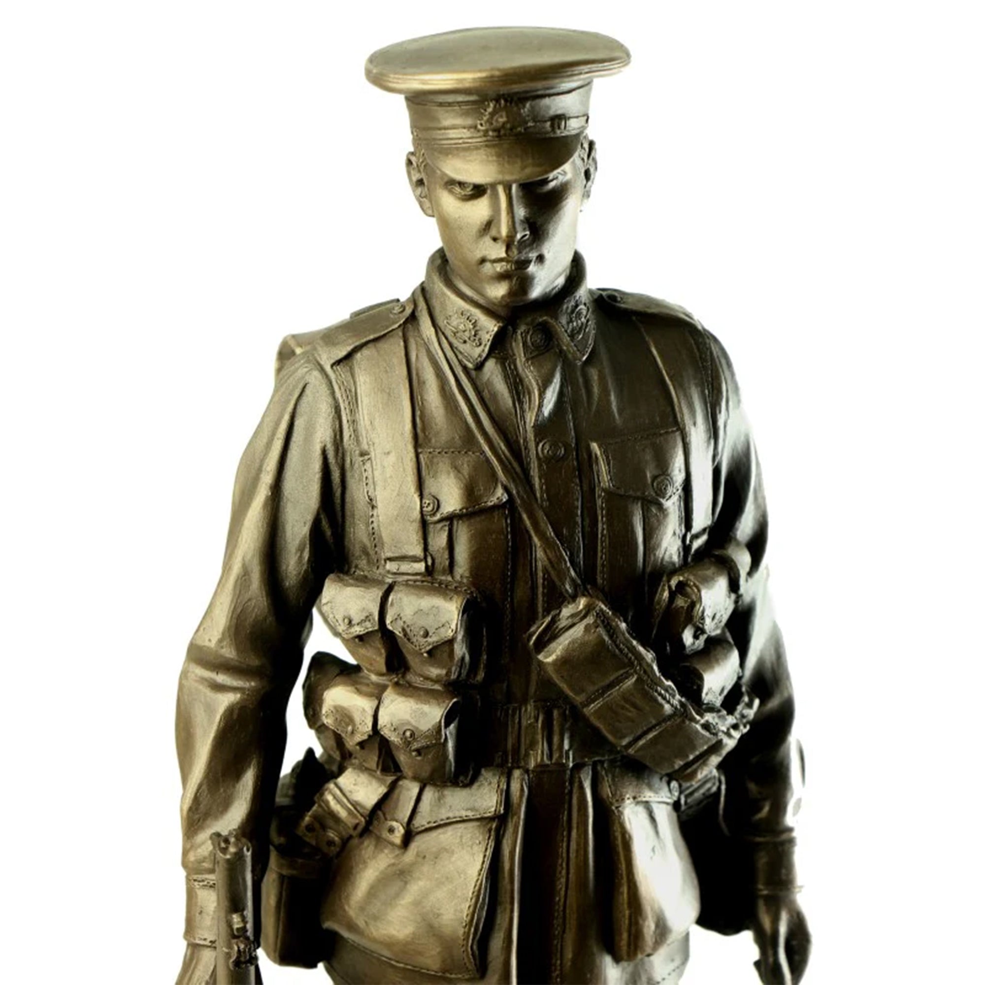 Bronze statue of a military figure with a uniform and helmet on a white background