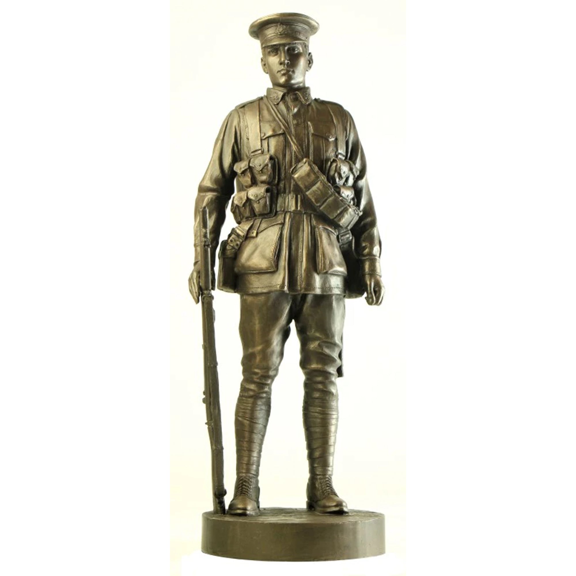 Bronze statue of a soldier holding a rifle on a white background