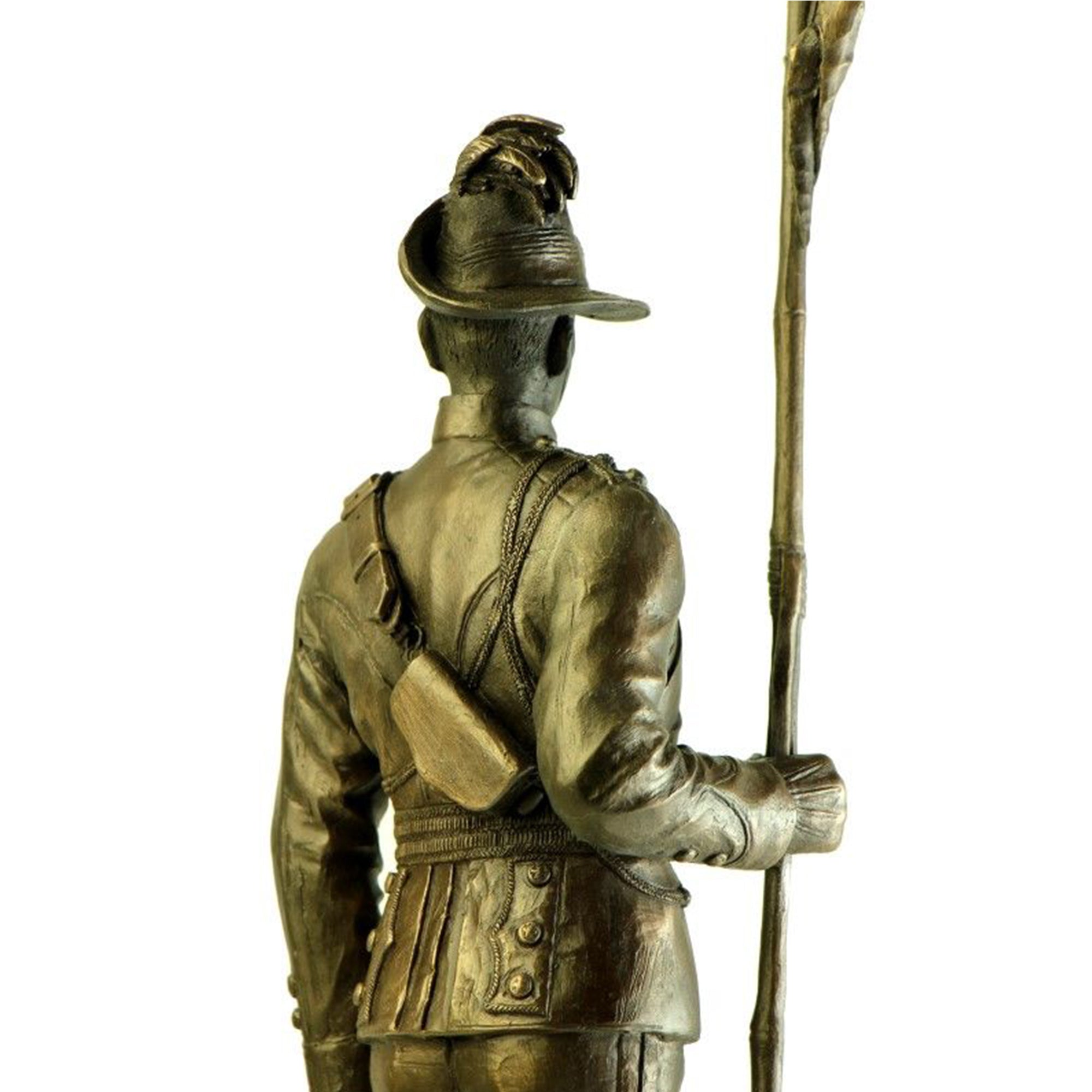 Bronze statue of a historical figure holding a spear on a white background