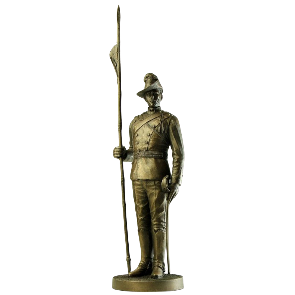Bronze statue of a soldier holding a spear on a white background