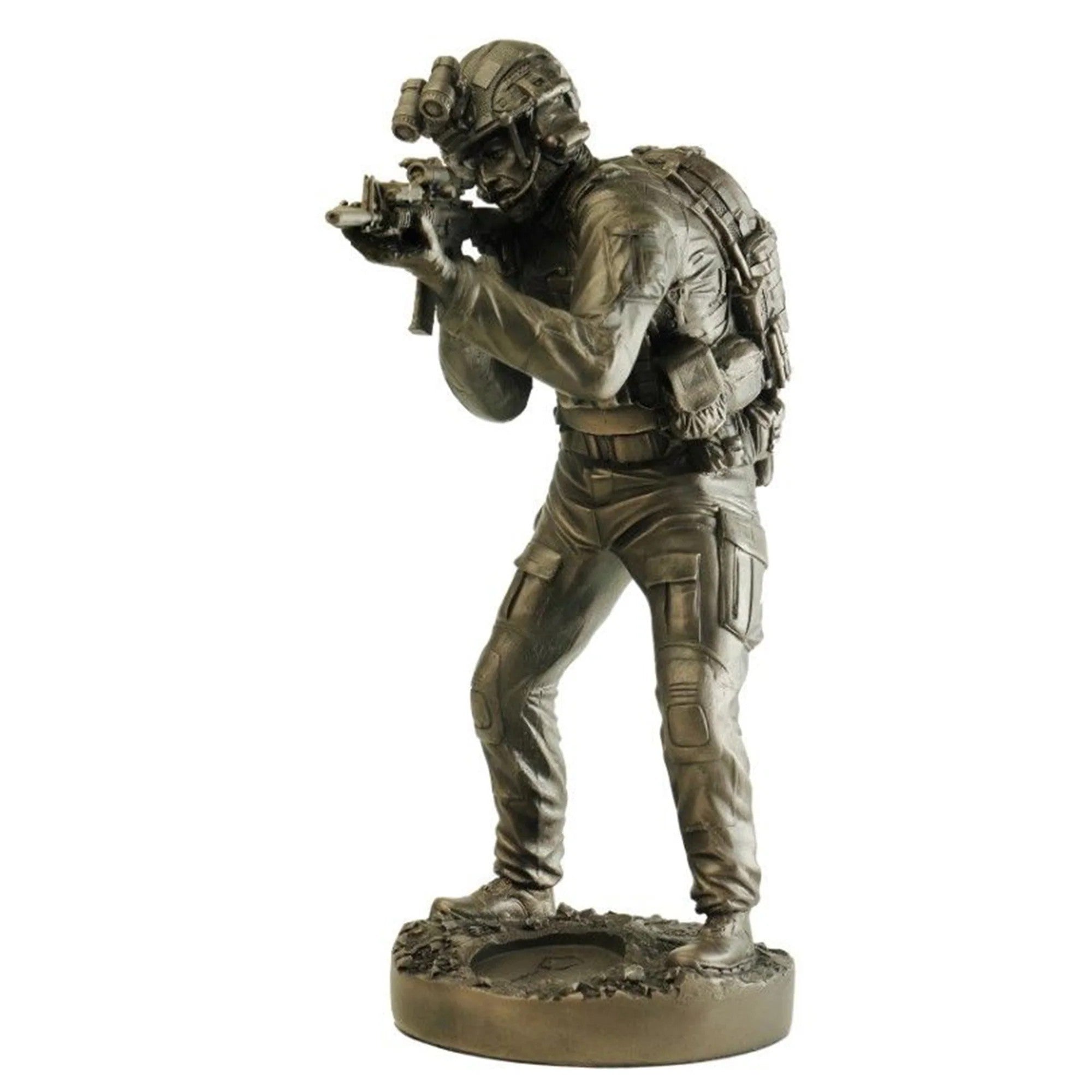 Bronze statue of a soldier with tactical gear on a white background