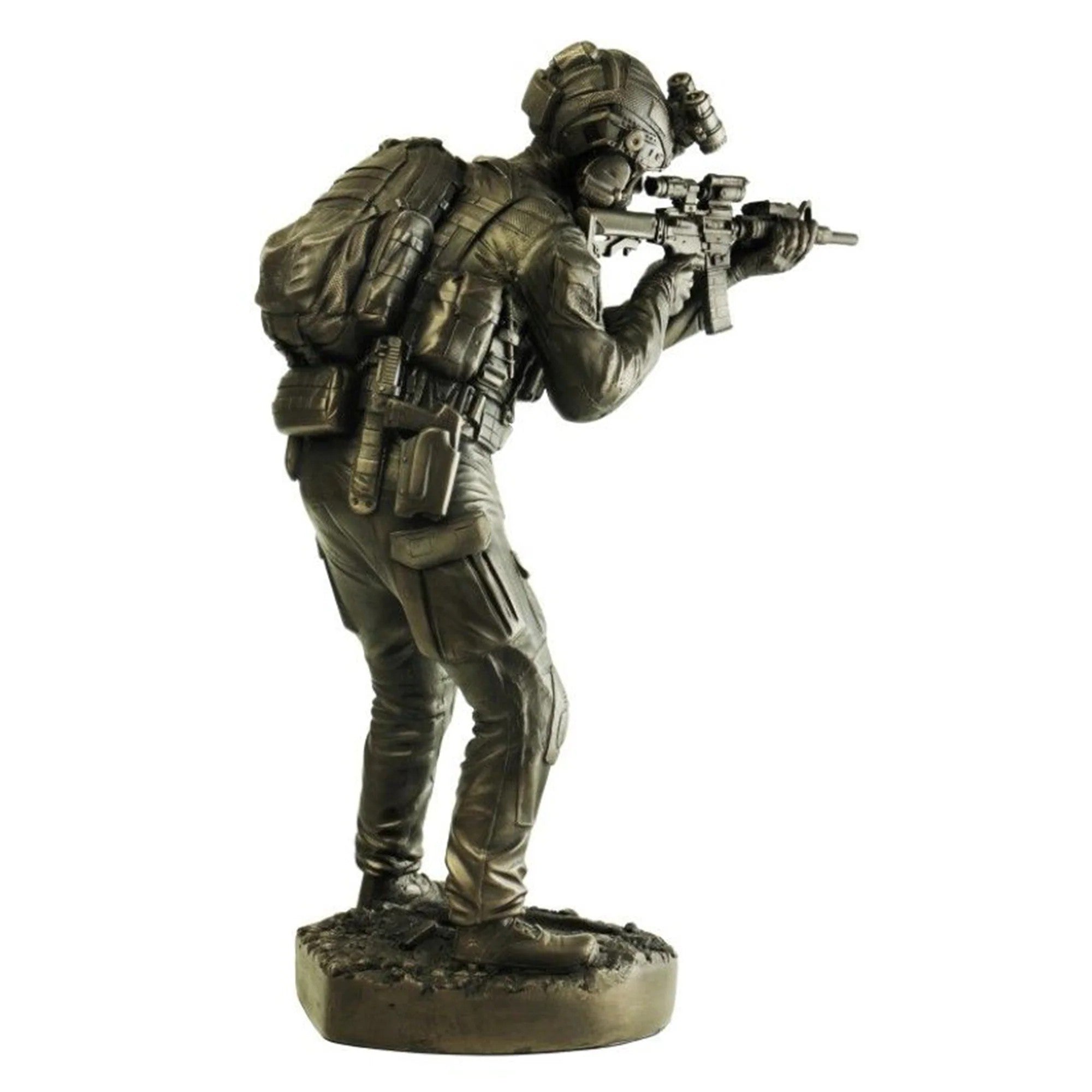Bronze statue of a soldier with a rifle on a white background