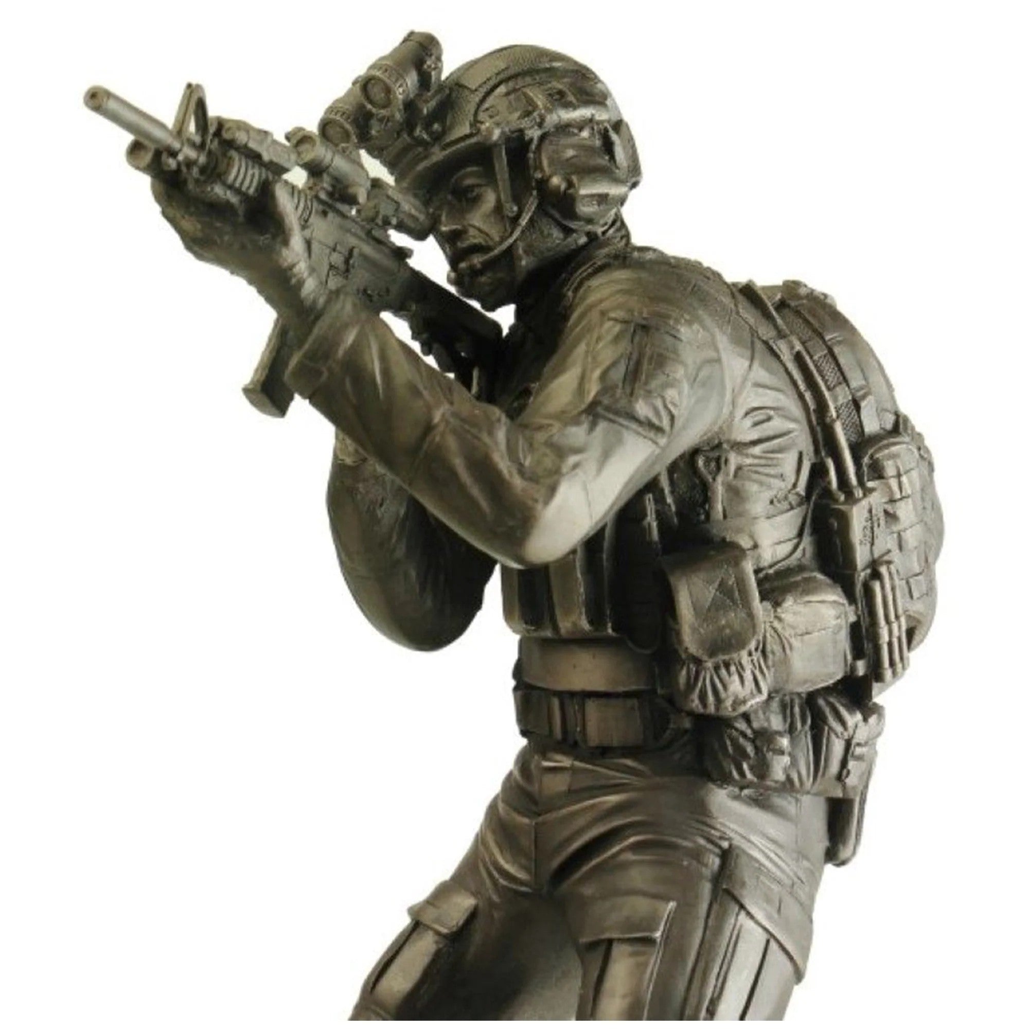 Bronze statue of a soldier with tactical gear on a white background