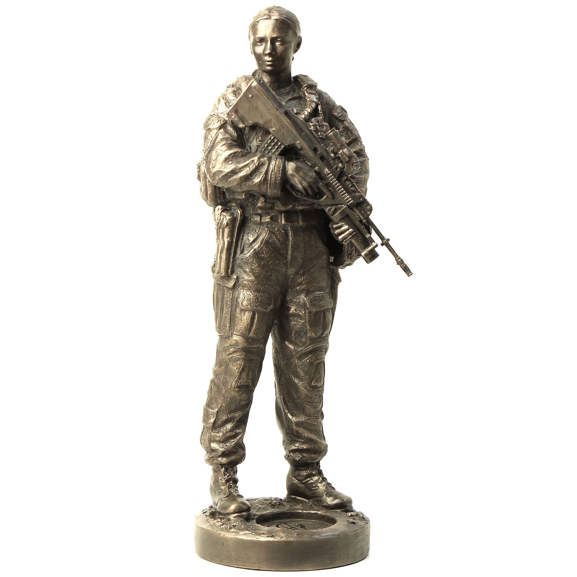Bronze statue of a soldier holding a rifle on a white background