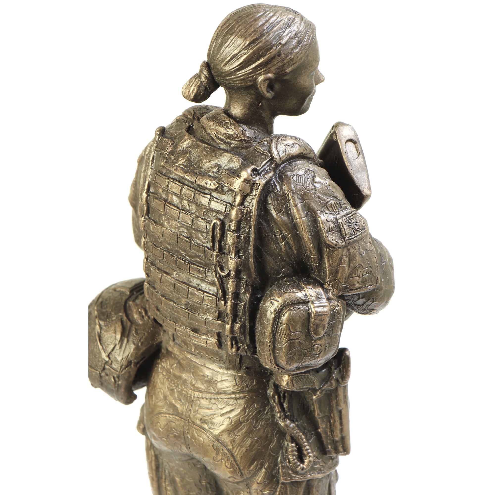 Bronze statue of a person in tactical gear on a white background