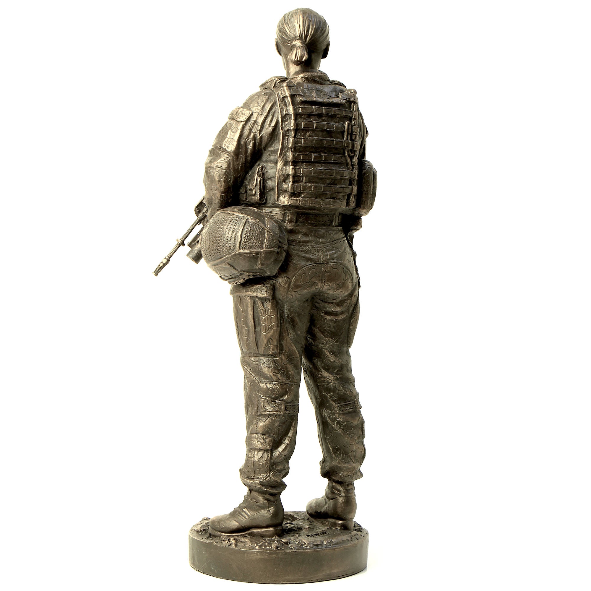 Bronze statue of a soldier with tactical gear on a white background